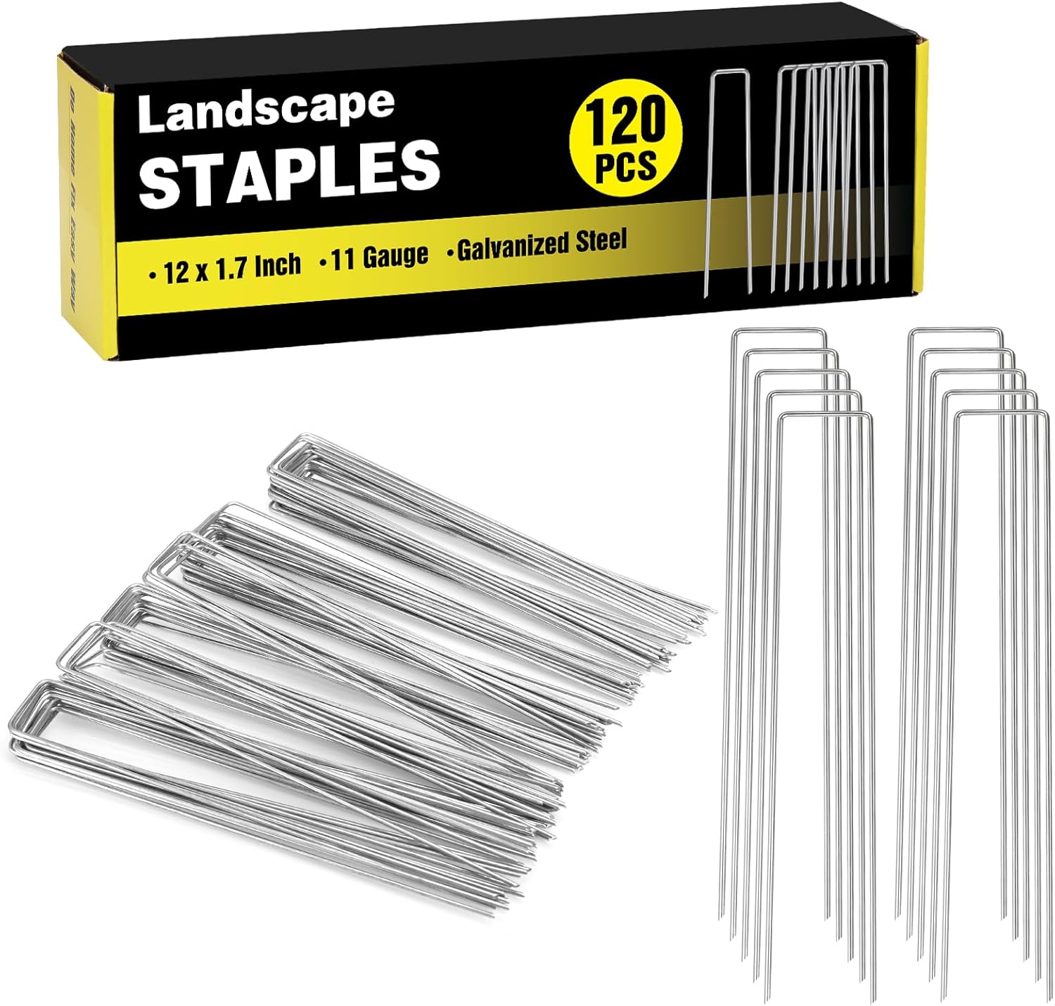 HongWay 120 Pack 12 Inch Landscape Staples, Garden Stakes 11 Gauge Galvanized Ground Staples Lawn Yard Tent Fence Stakes Landscaping Fabric Pins for Gardening Secure Outdoor Decorations
