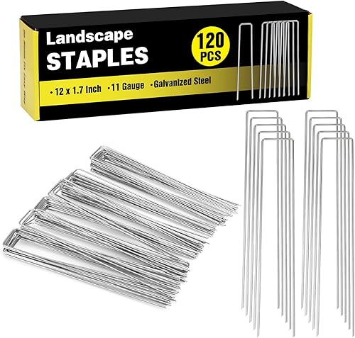 Miniatura 16 de HongWay Paquete de 500 grapas de jardín de 6 pulgadas, estacas galvanizadas de calibre 11, grapas de césped para césped, paisajismo, tela, valla