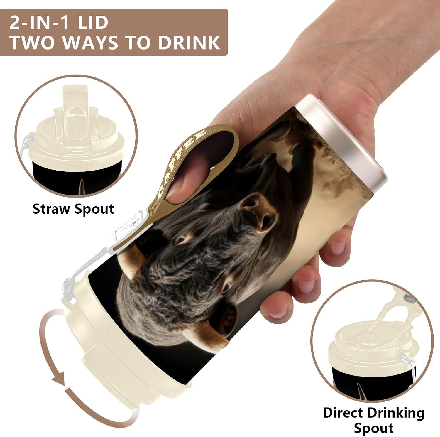 Insulated Coffee Mug Bull Run with Straw & Flip Lid, 16.9oz Iced Tumbler Cup, Double Wall Vacuum Mug for Travel Office Camping