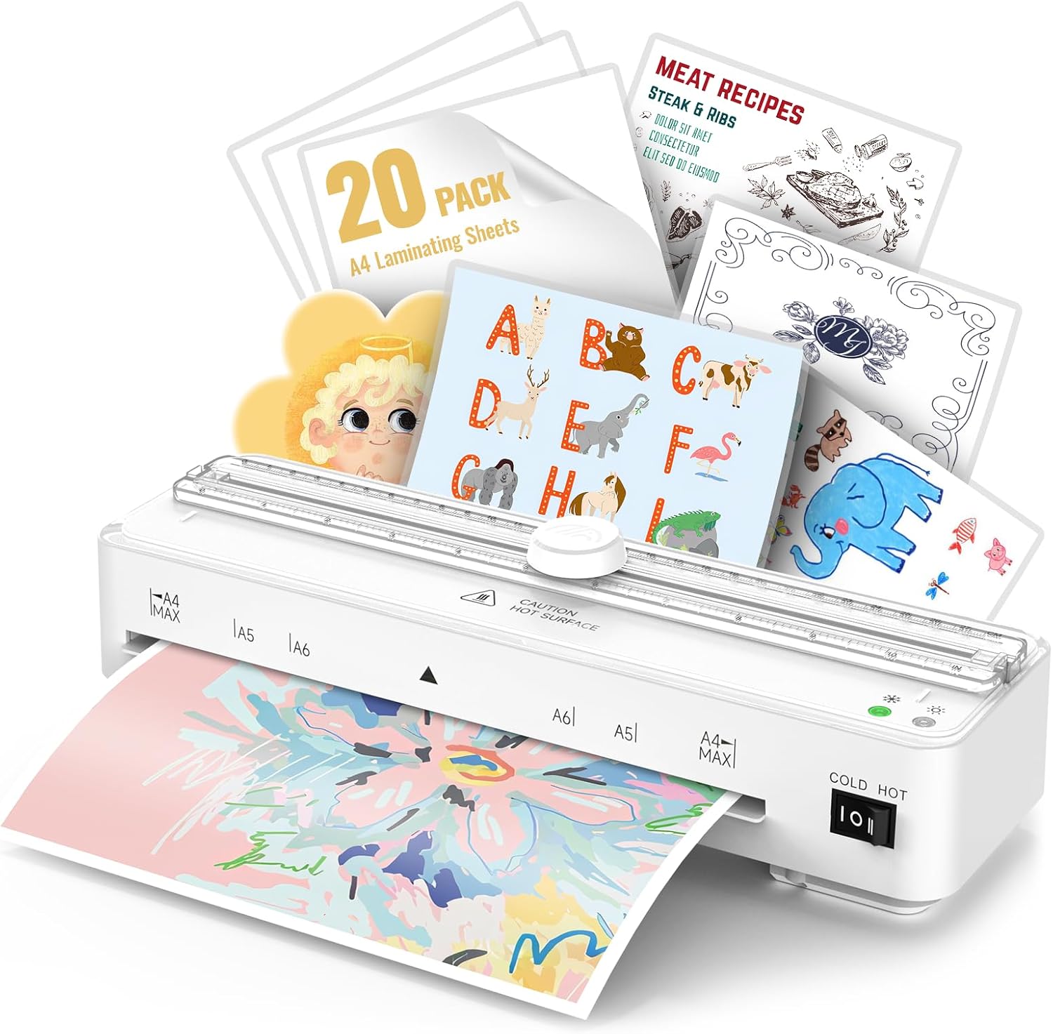 Laminator Machine, 9 Inch with 20 A4 Sheets Thermal and Cold Lamination Built in Cutter Quick Warm Up,Portable Laminating Machine for Home Office School Use, White