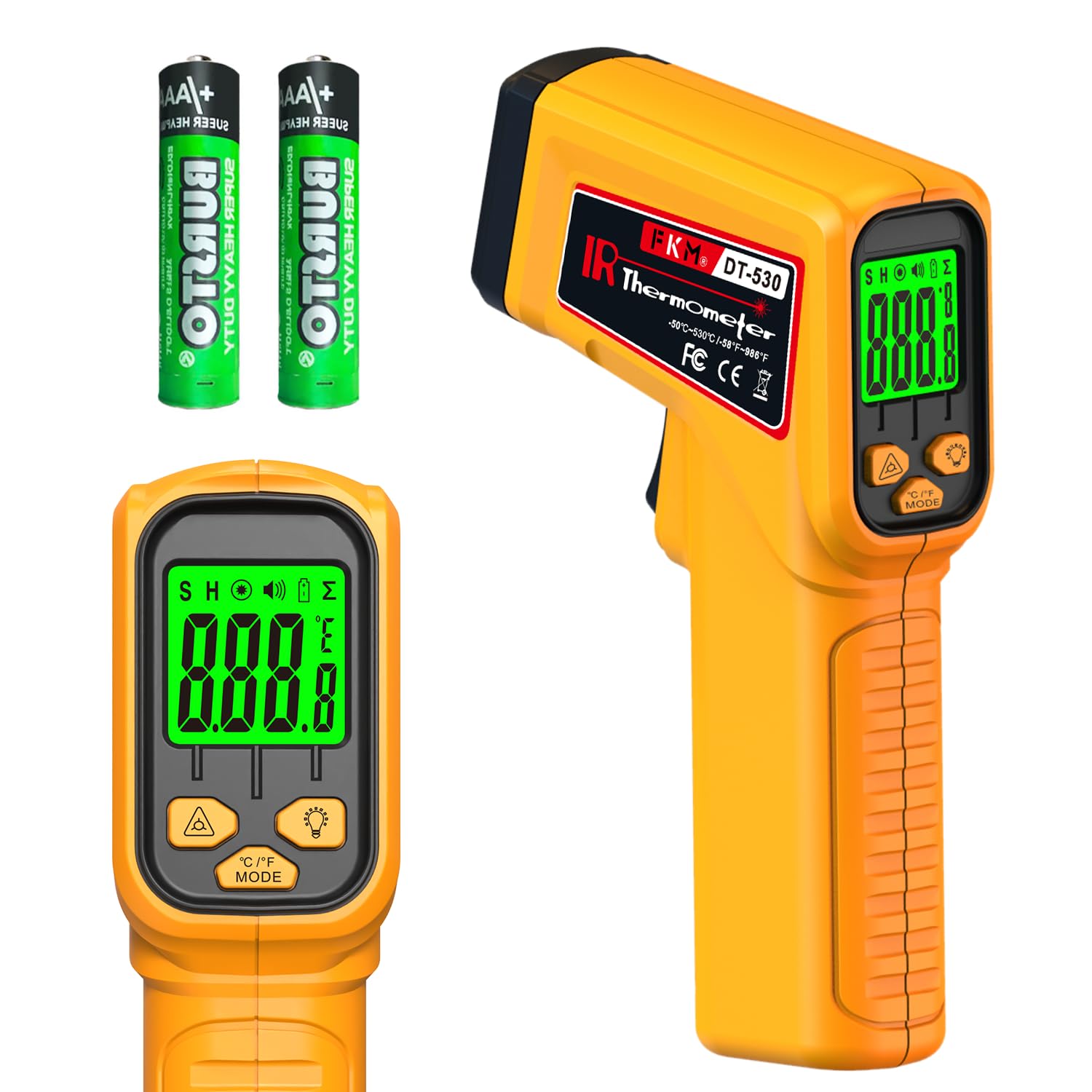 FKM Pistola de termómetro láser digital sin contacto, pistola de temperatura digital sin contacto, -58F  986F (-58.0 F  986.0 F) emisividad