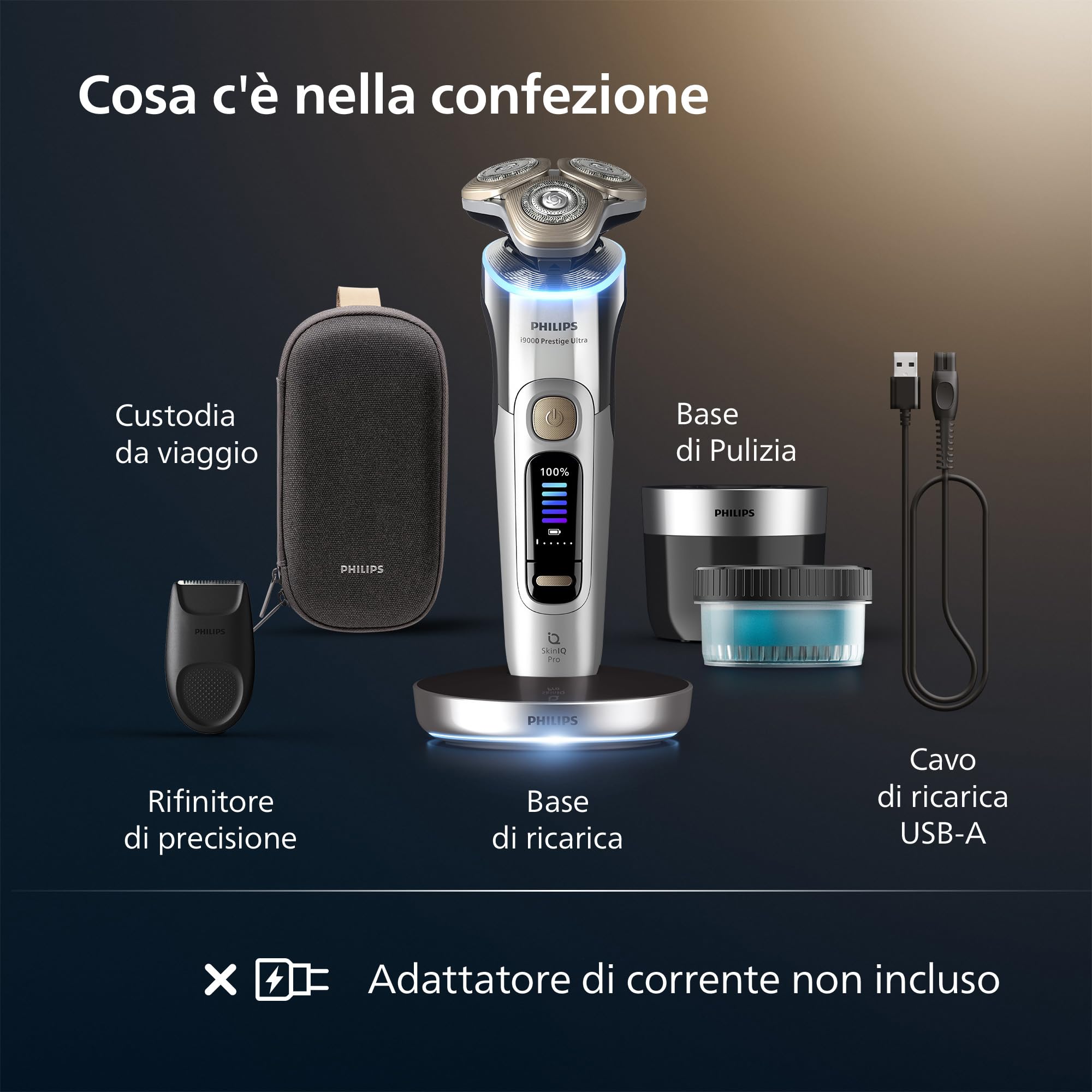 Philips Shaver i9000 Prestige Ultra, rasoio elettrico Wet & Dry, tecnologia Skin IQ Pro, triplo sistema di sollevamento e taglio, lame di precisione NanoTech 360º, 5 modalità di rasatura, XP9404/31