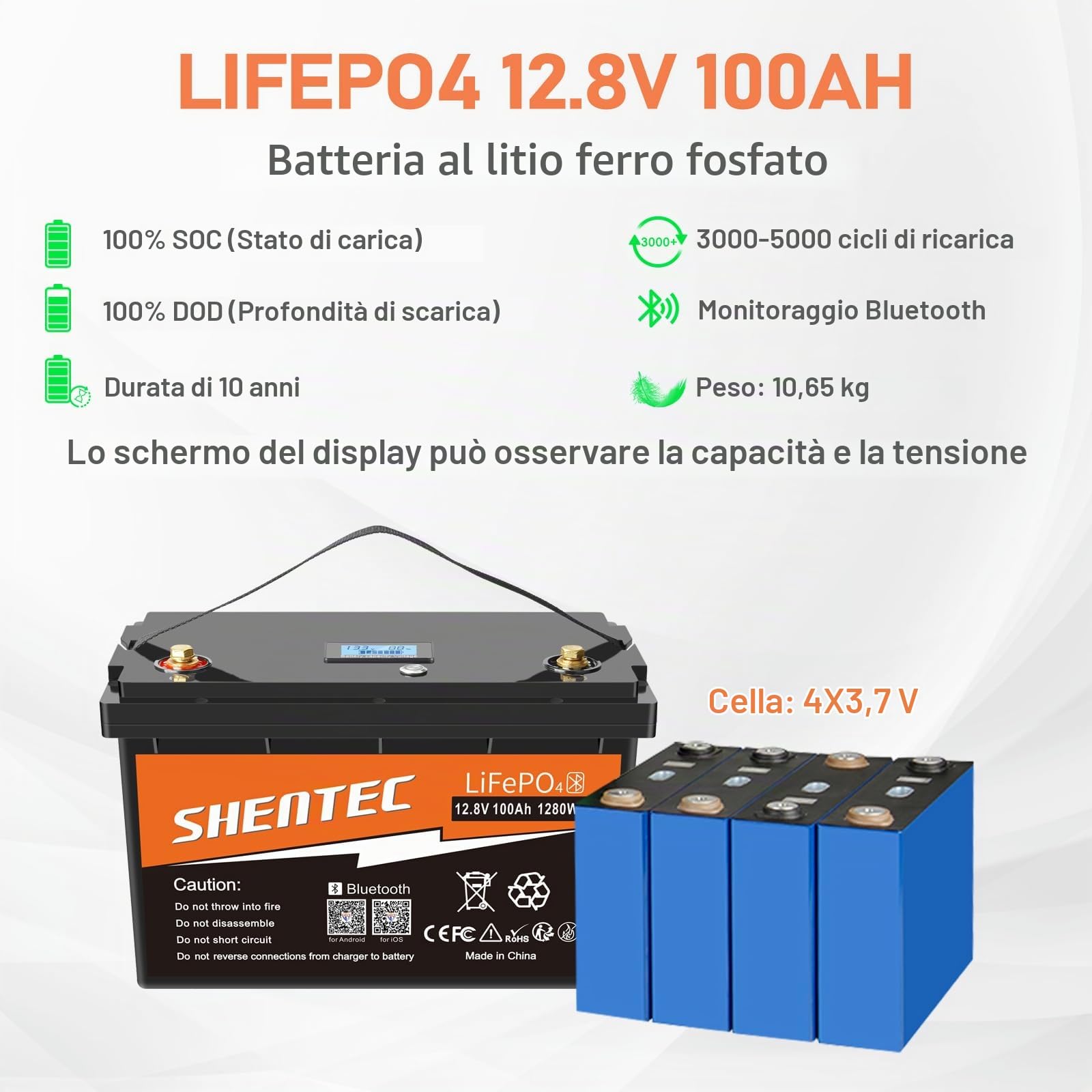 Shentec Batteria LiFePO4 al Litio 12V 100Ah 1280W,funzione BMS Bluetooth,batteria a ciclo profondo con potenza di uscita massima di,perfetta per il camper, l'impianto solare