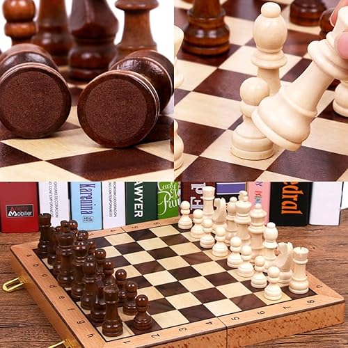 Miniatura 3 de ROLTIN Juego de ajedrez plegable de madera magnético con 2 reinas adicionales, tablero de juego hecho a mano interior para almacenamiento para