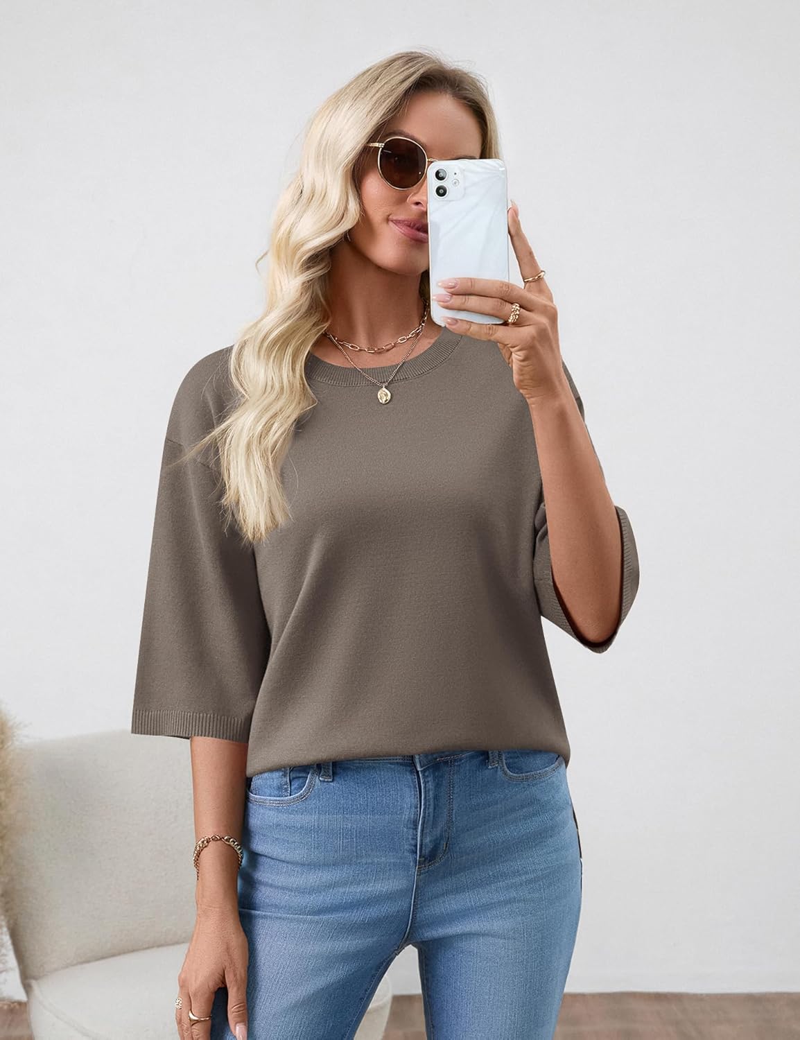 Lomon Womens Sweaters Dressy Casual 3/4 Length Sleeve Sweater Crewneck Lightweight Knit Tops Loose fit - Image 5