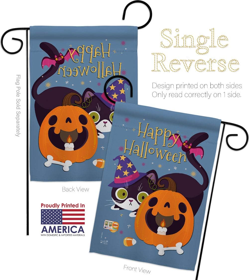 Witchy Cat Garden Flag Set Wall Holder Falltime Halloween Witch Trick or Treat Spooky Night Black Season Autumntime Pumpkin Small Decorative Gift Yard House Banner Made In USA 13 X 18.5