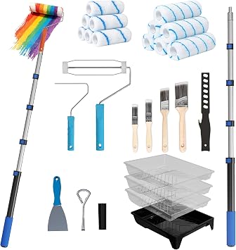 Paint Roller Kit with Extension Pole, 2-4FT Adjustable Pole, Professional 27-Piece Paint Kit, 4"9" Paint Rollers, Paint Brushes for Walls, Works with All Latex, Oil-Based Paints and Wood Finishes
