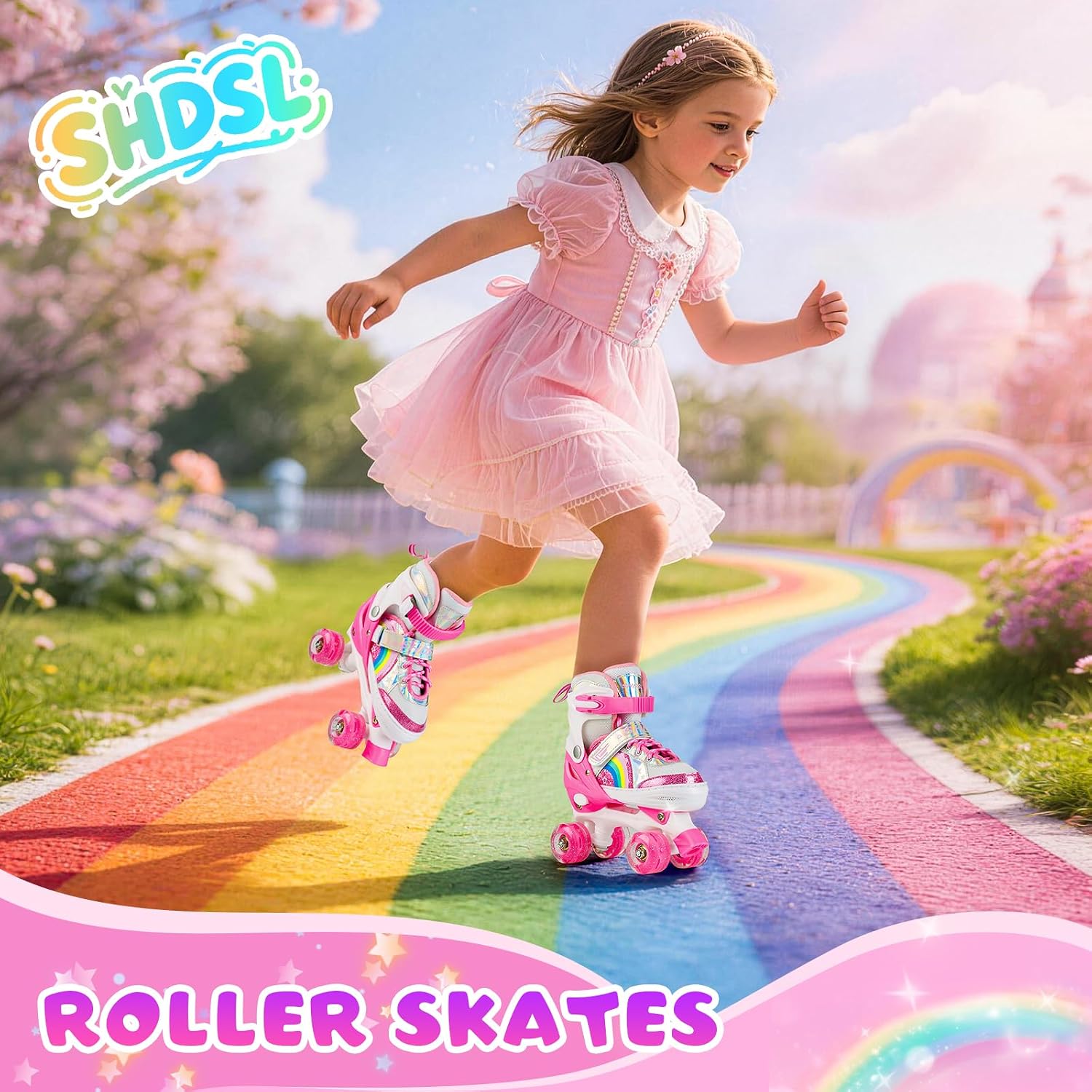 SHDSL Girls Roller Skates for Kids, Rainbow 4 Size Adjustable Roller Skates with All Light Up Wheels, Birthday Gift for Outdoor Sports Shine Fun Illuminating Skate image 5
