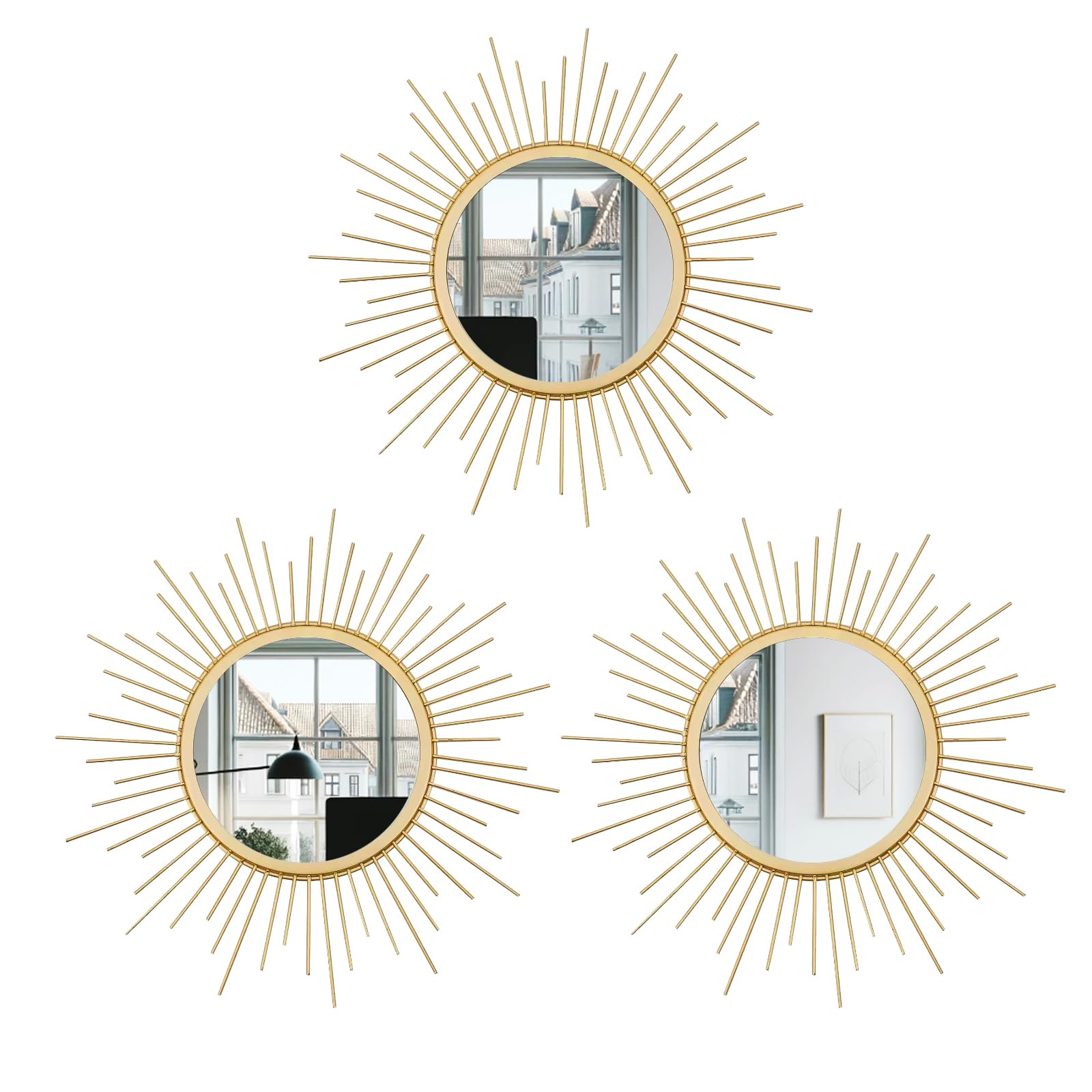 Cityelf 3 Set Gold Sunburst Mirrors for Wall Decorative Metal Mirrors Small Mirror Sets Wall Decor Hanging Mirror Wall Art for Bedroom Living Room Entryway…