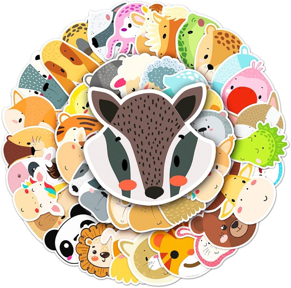 Cute Animal Faces Vinyl Stickers, 50 PCS Waterproof Cartoon Zoo Animal Head Decals for Laptops Scrapbooking, Journals