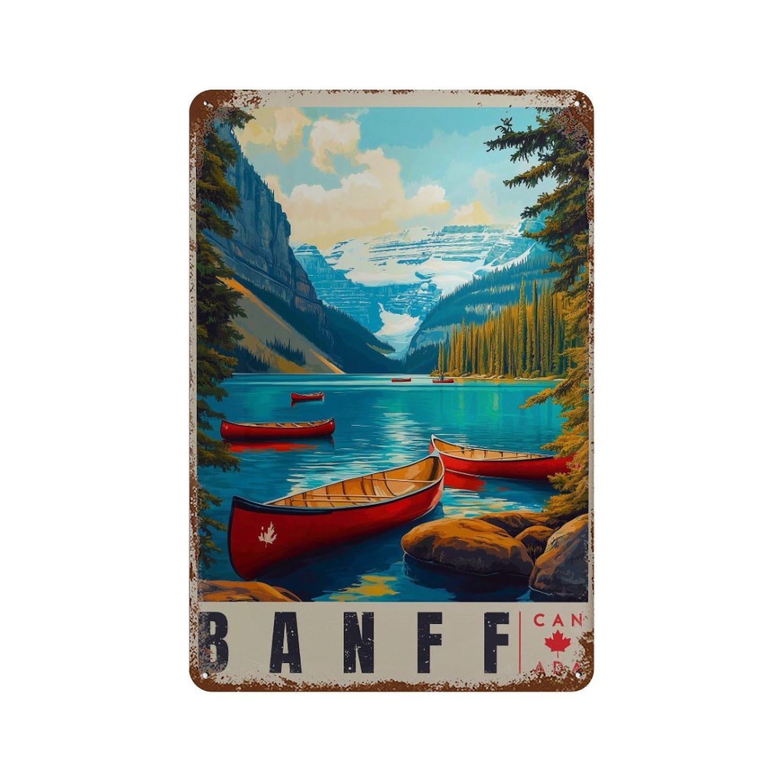 xiaoxiaoshen Banff Canada Vintage Travel – Red Canoes on Mountain Lake Wall Decor Art Metal Tin Poster Modern Home Decor Art Home Bar Shop Decorations Vintage Sign 30x20cm