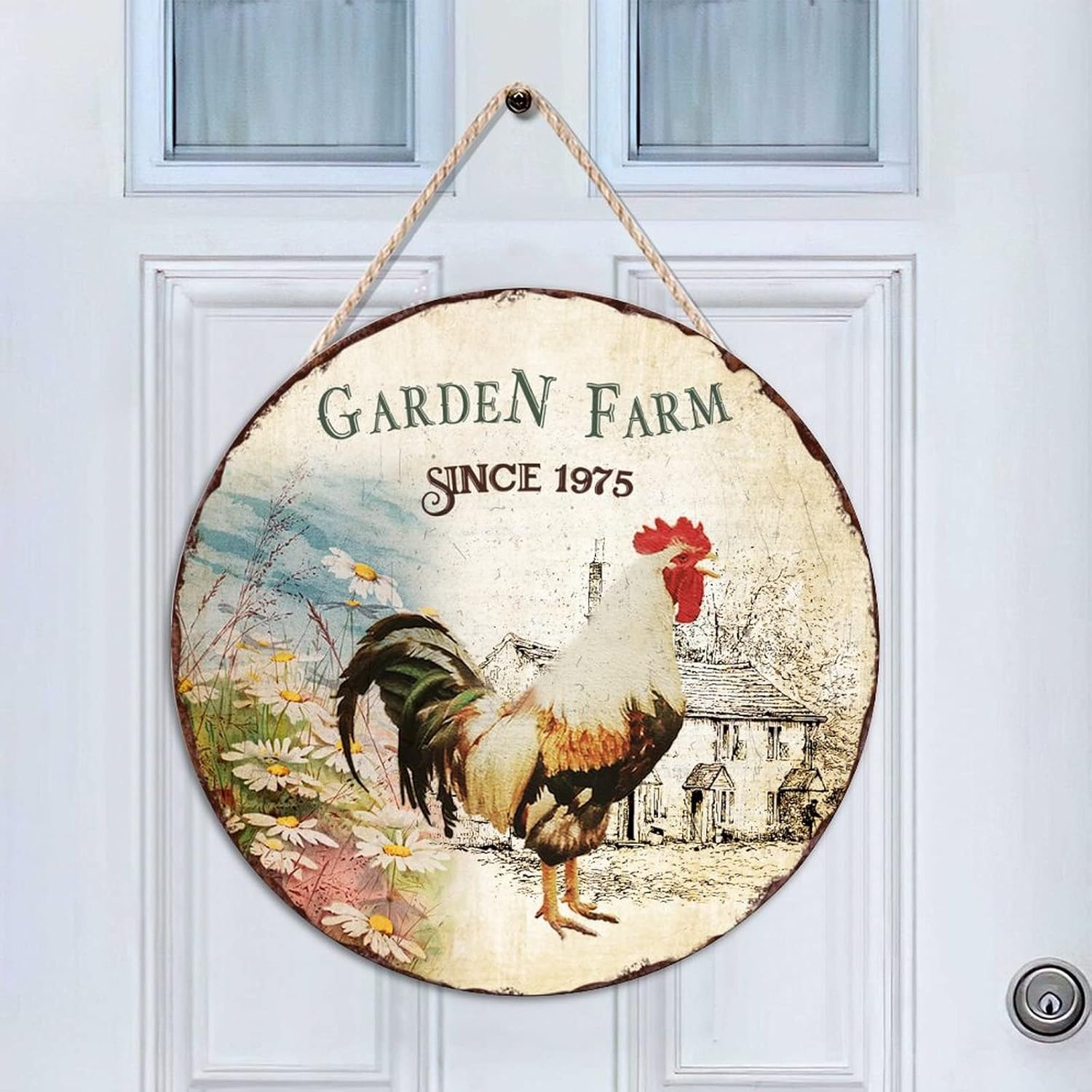 Retro Round Door Hanger Sign, Garden Farm Since 1975 Wood Door Sign, Rustic 16x16in Wall Hanging Sign Plaque for Front Door Farmhouse Porch Housewarming Gifts