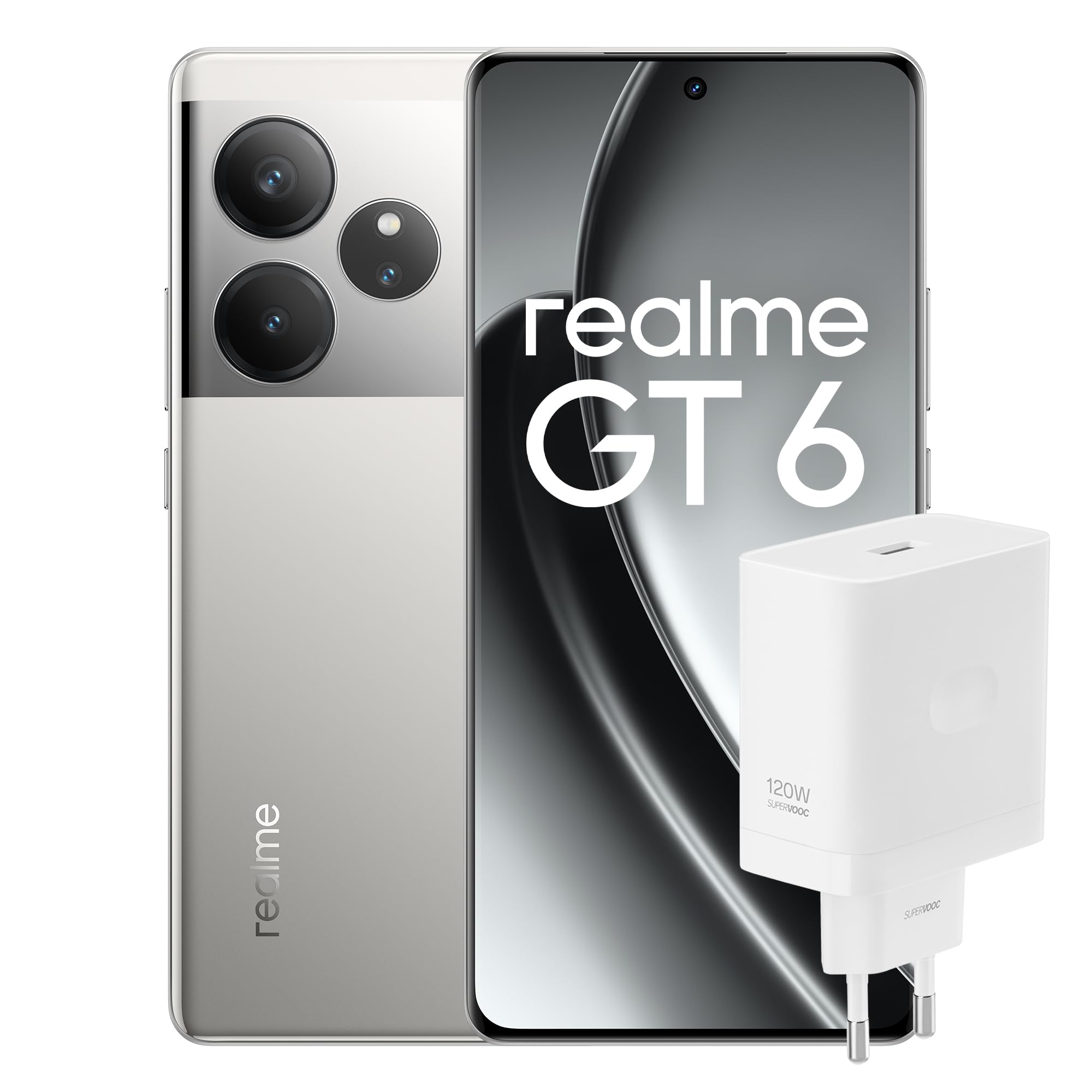 realme Smartphone GT6 256GB 12GB Fluid Silver EU + SUPERVOOC 120W Power Adapter White
