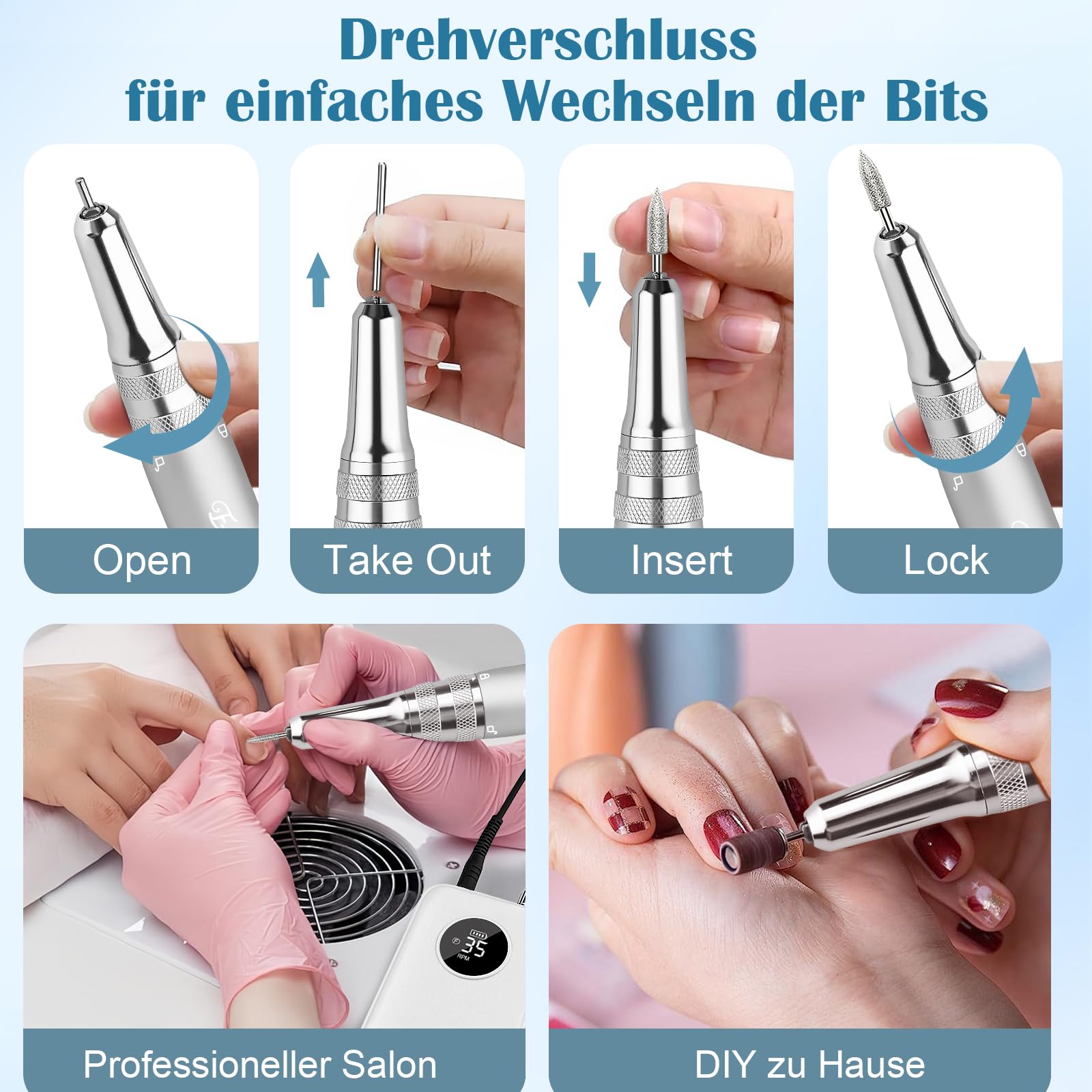Nagelfräser 35000RPM für Gelnägel, Wiederaufladbarer Elektrischer Nagelfräser mit LED-Anzeige, Tragbar, Geräuscharm, Professionelles Maniküre- und tragbares nagelfräser klein, 48W, Weiß