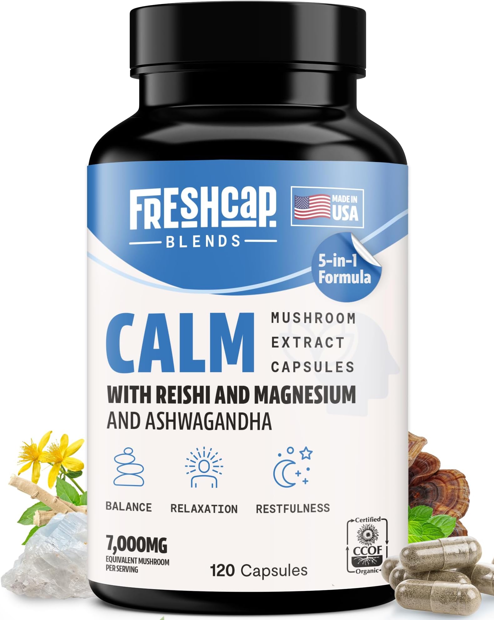 FreshCap Calm for Adults - Calm w/Reishi, Ashwagandha, St. John’s Wort, Lemon Balm, Magnesium - Balance, Relaxation & Emotional Stability -Ayurveda Daily Mushroom Supplement, Vegan - 120 Count