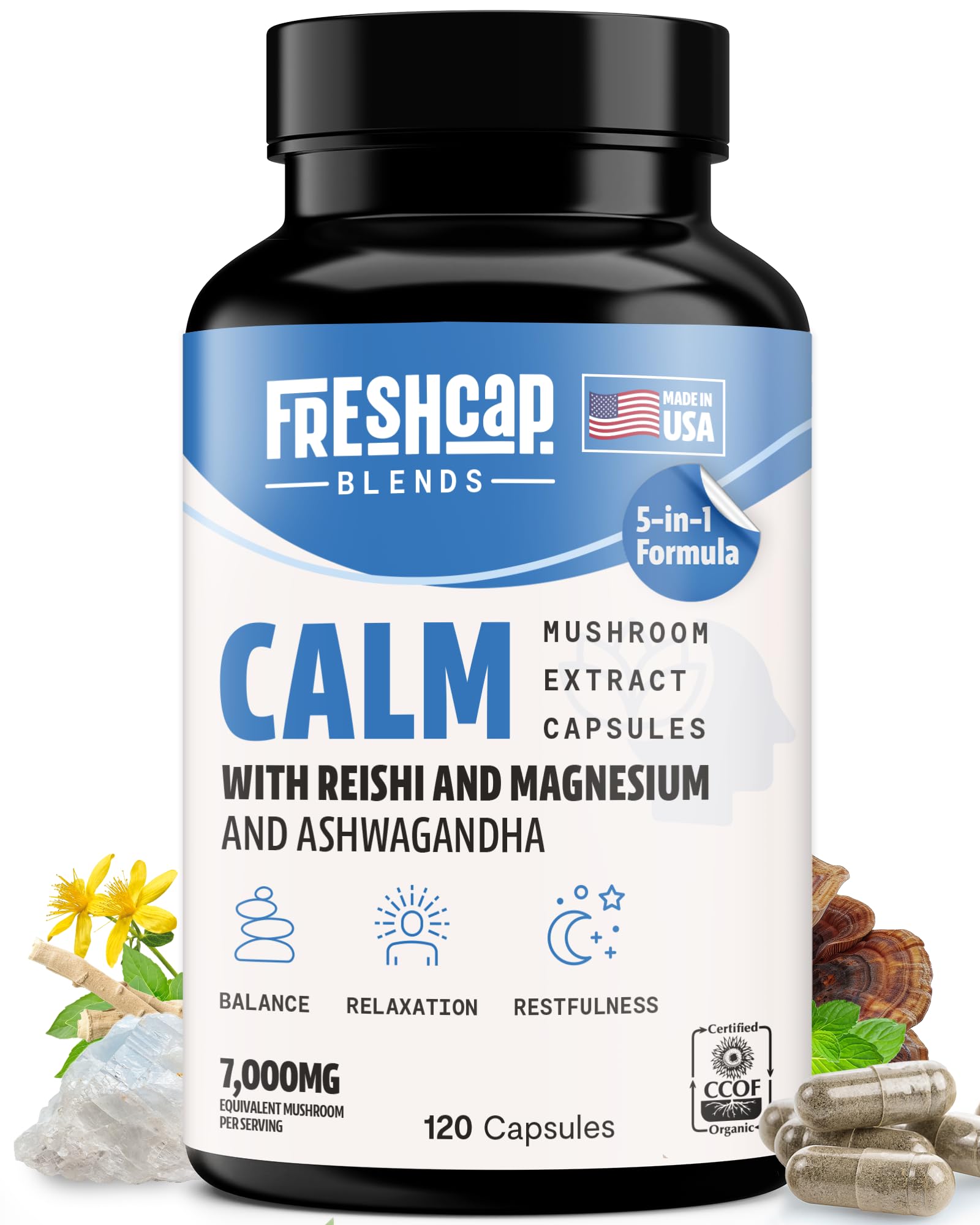 FreshCap Calm for Adults - Calm w/Reishi, Ashwagandha, St. John’s Wort, Lemon Balm, Magnesium - Balance, Relaxation & Emotional Stability -Ayurveda Daily Mushroom Supplement, Vegan - 120 Count