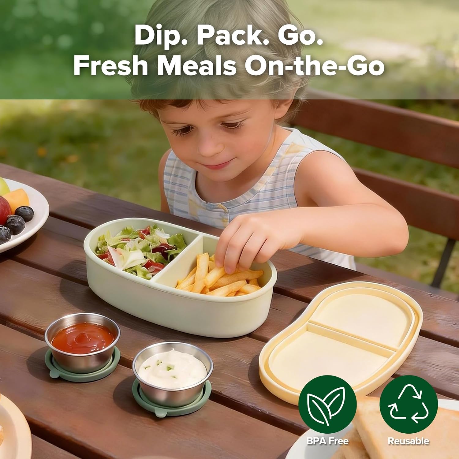 haakaa Snack Box Set - 800ml Silicone Bento Box for Adult, Eco-friendly Lunch Box or Leakproof Snack Containers with 2pcs Sauce Container - Cream