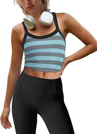 LAMISSCHE Cropped Tank Tops for Women Striped Spaghetti Strap Tank Top Workout Running Sports Bra Summer Ribbed Camisole