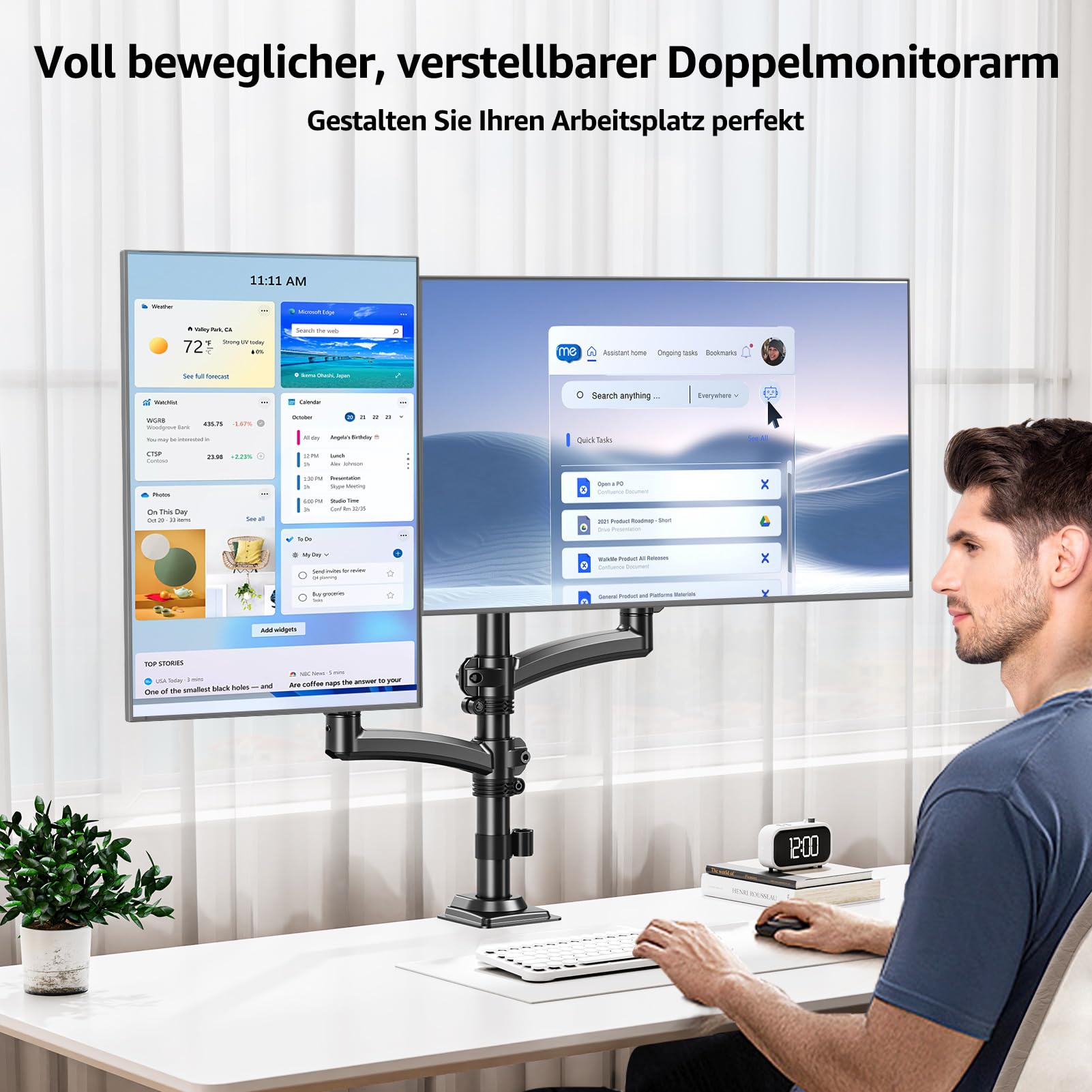 MOUNTUP Monitor Halterung 2 Monitore 13 bis 32 Zoll Hält 2-10 kg | Höhenverstellbar Dual Monitore Monitor Halterung mit Kabelführung, flexibel neigen schwenken drehen, VESA 75/100mm