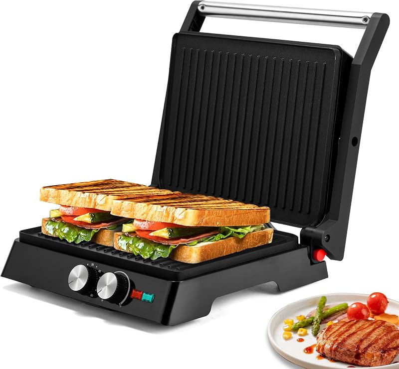 Panini Press Sandwich Maker and Electric Indoor Grill with Temperature Time Setting, Easy Clean Nonstick Grids, Opens 180°/105° to Fit Any Type or Size of Food, 1400W, BBQ, Black