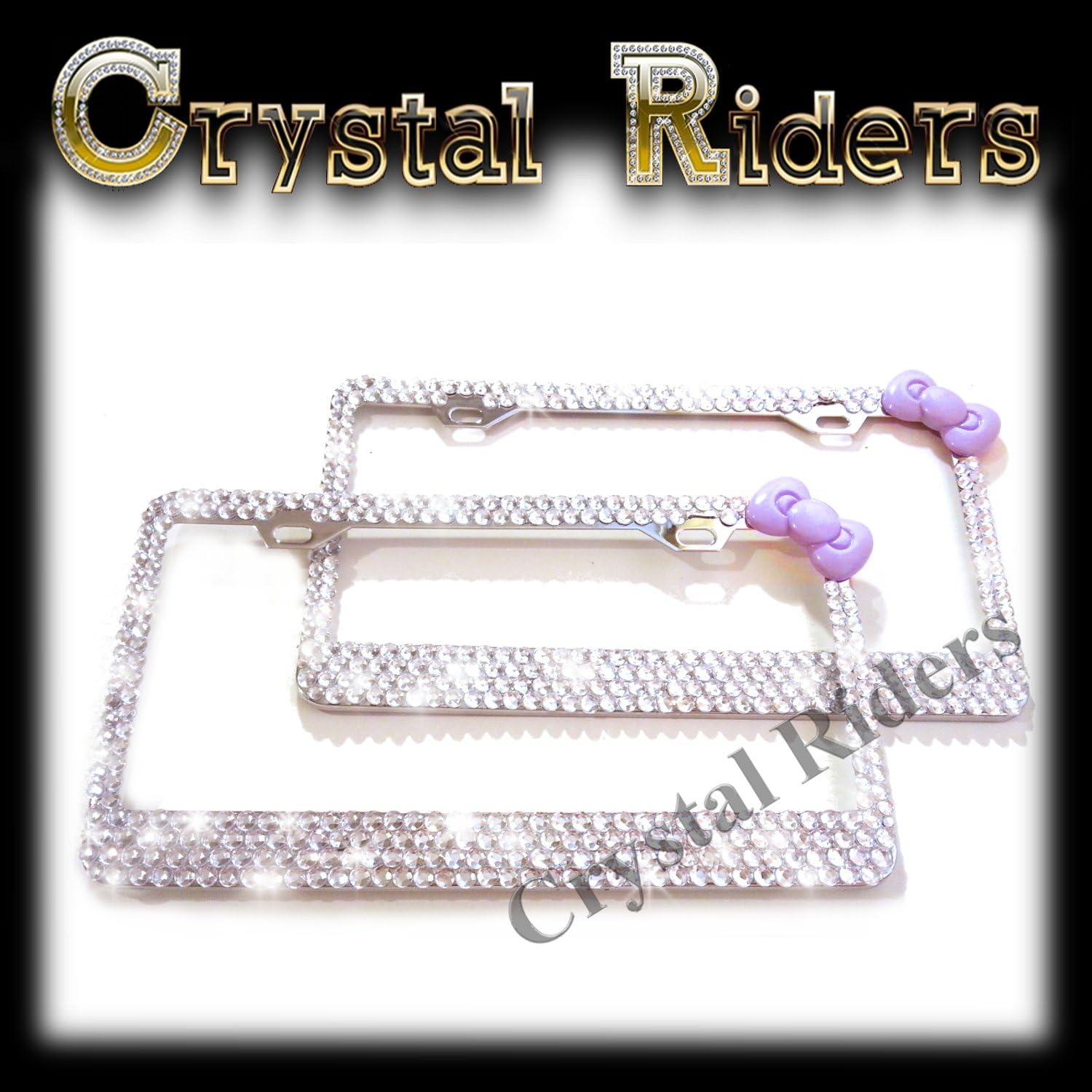 PAIR OF 2 front and back/rear Bling License Plate Frame light purple violet kitty Bow with 500 Crystals Clear Metal Holder Sparkly Sparkle Custom Hand Made Hand Crafted 2 SET TWO Kitty