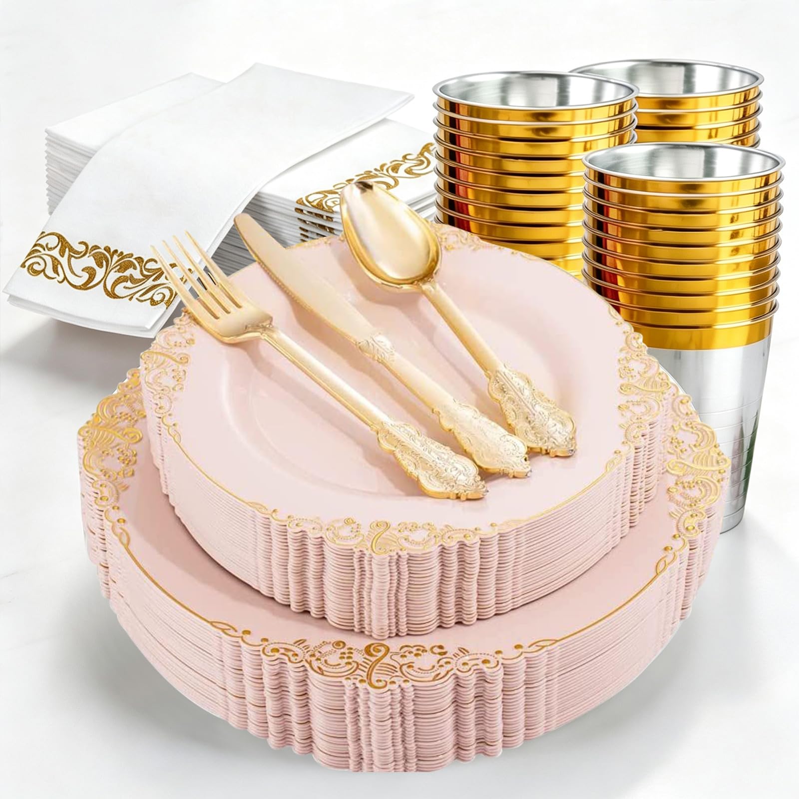 Yazoni Reusable Plastic Dinnerware Set for 25 Guests – Washable & Dishwasher Safe – Includes Plates, Cutlery, Cups, Napkins – Pink Gold