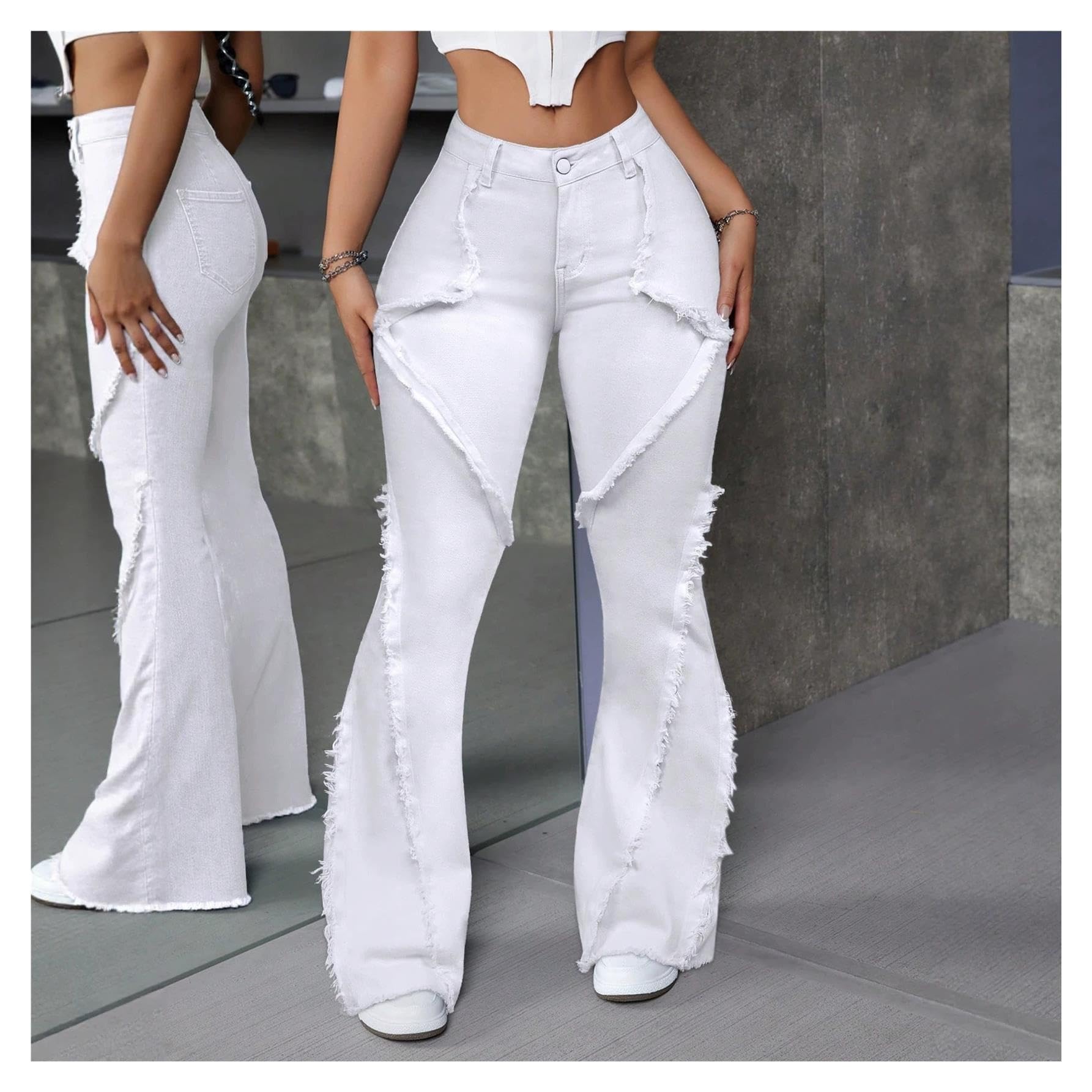 Damen High Waist Ausgefranste Schlagjeans Stretch Figurformende Denim Hose
