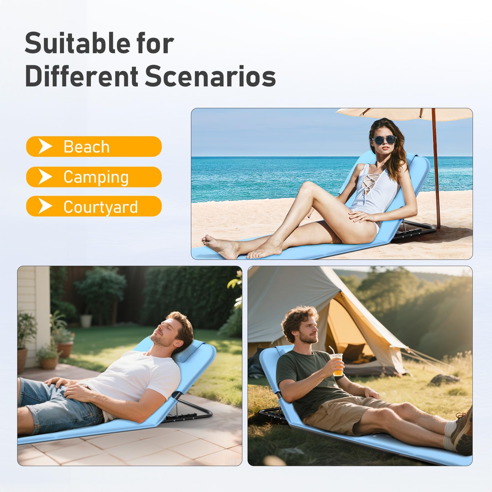 WildFun 165 X 55 cm Chaise de Plage Pliante Portable avec Sac de Transport, chaises de Plage à Haut Dossier en Maille pour Adultes, Chaise pour l'extérieur, Le Camping, Le Barbecue (1pcs, Bleu)