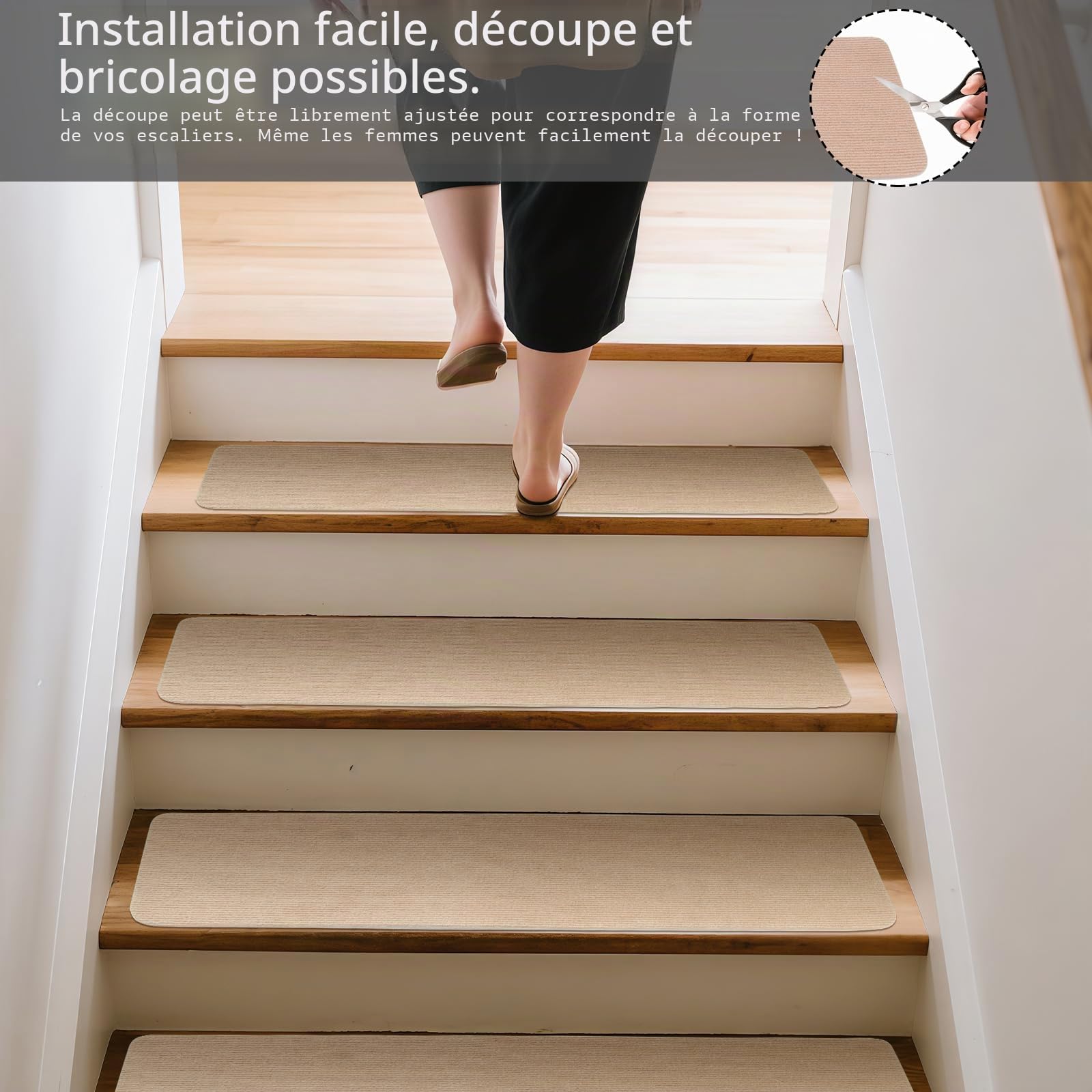 Lot de 15 tapis d'escalier autocollants pour escalier en bois massif, carrelage, marbre, antidérapant, insonorisant, rectangulaire, 70 x 22 cm, beige