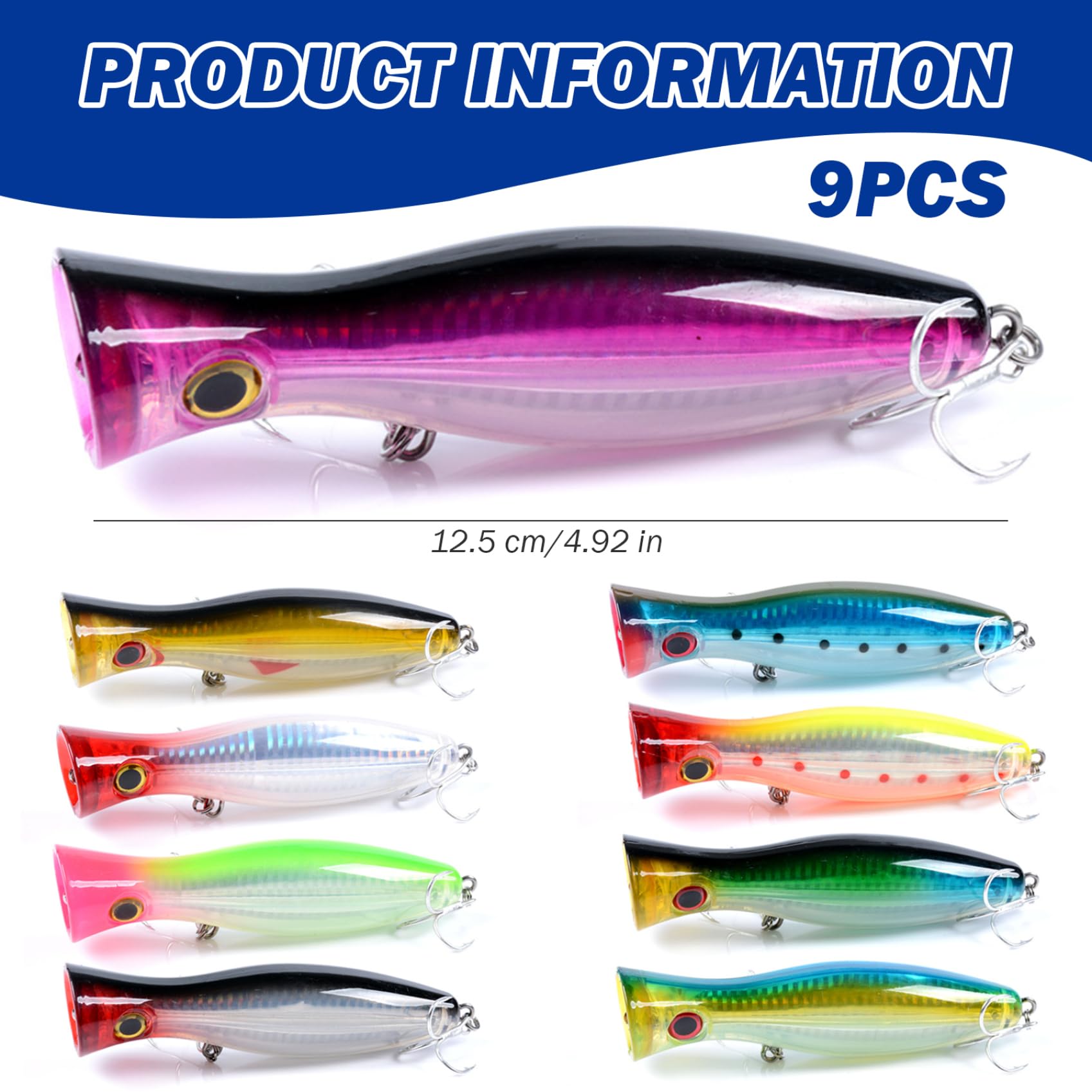 Leurres de pêche 9 pièces, Yeux 3D réalistes, appâts de pêche Popper avec hameçons triples, appâts Natation en Eau Douce et salée pour Thon, Bar, Requin