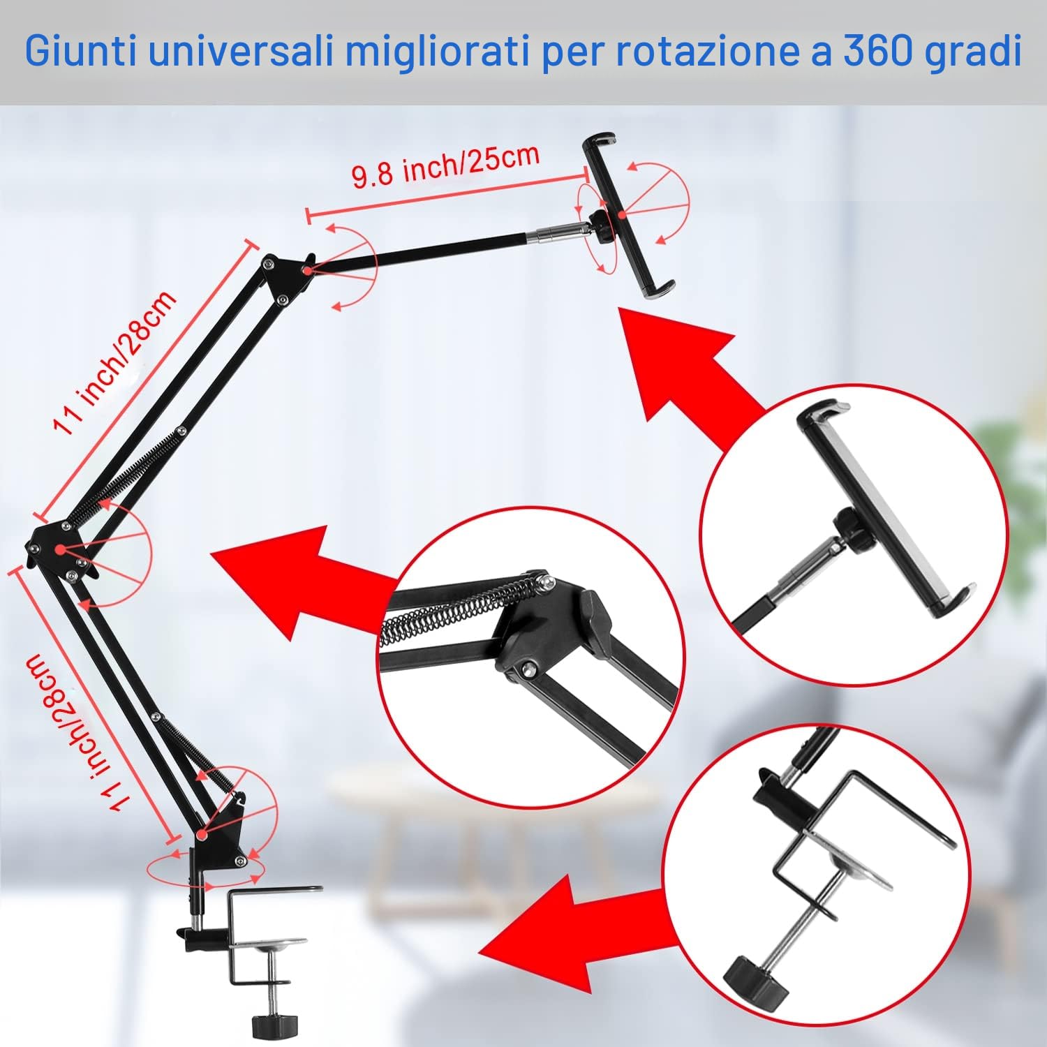 Supporto tablet girevole 360° braccio alluminio per iPad tablet 4,5-12,9 pollici
