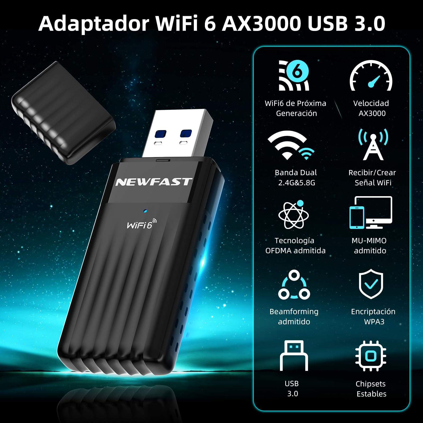 NEWFAST Adaptador WiFi6 USB AX3000, 5.8Ghz/2.4Ghz Adaptador WiFi USB para PC, 3000mbps Receptor WiFi Compatible con Windows 10/11, OFDMA y MU-MIMO, WPA3 y WPA2