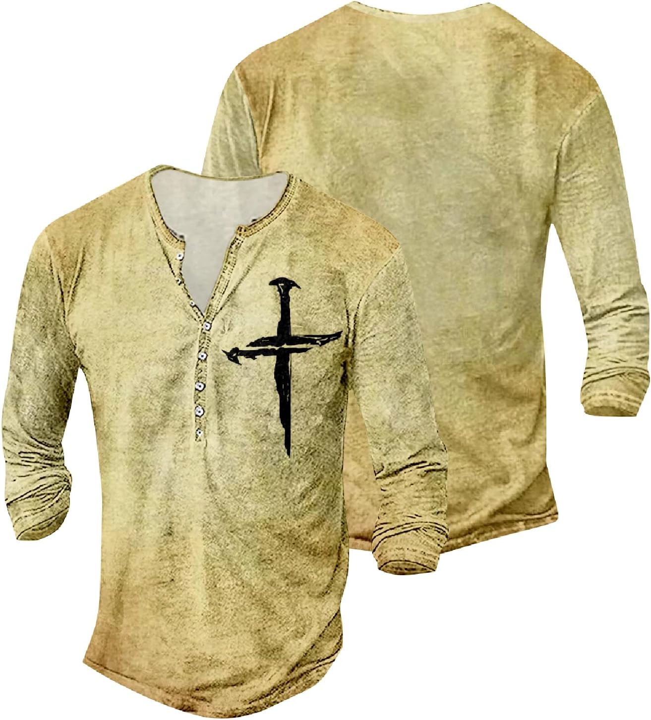 Men's Henley Shirt Cross Graphic Retro Long Sleeve Casual Lightweight Button Vintage Basic Tshirts - Image 3
