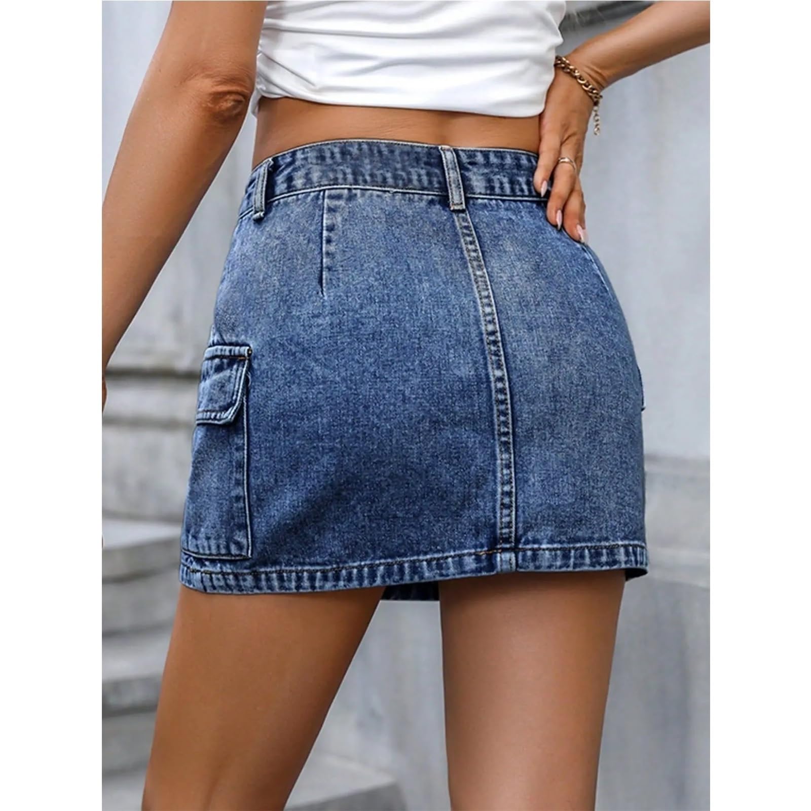 Gonna Jeans Donna Gonna da pendolare Estiva da Donna, in Denim Tinta Unita con Cintura sui Fianchi e Multitasche