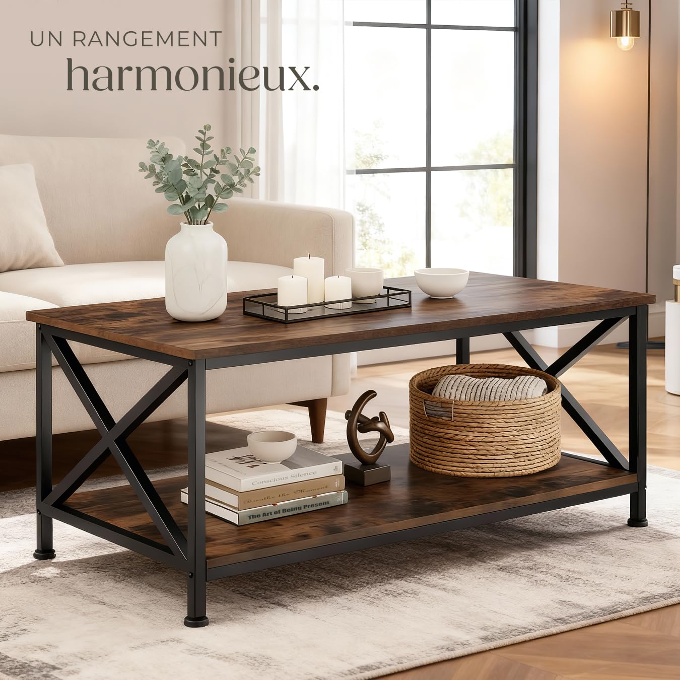 tectake® Table basse Salon 100 x 55 x 45,5 cm, Table basse à 2 niveaux, Style industriel, Bout de canape Meubles de Salon Meuble Bureau Chambre Décoration Maison Meuble d'appoint Rangement, Bois foncé