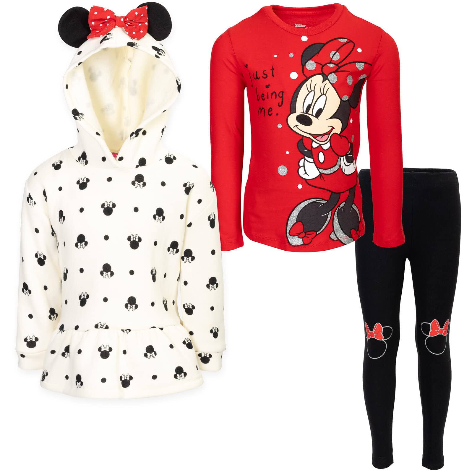 Disney Minnie Mouse bluza polarowa bluza z kapturem graficzna koszulka i legginsy 3-częściowy zestaw dla małych dzieci i dużych dzieci