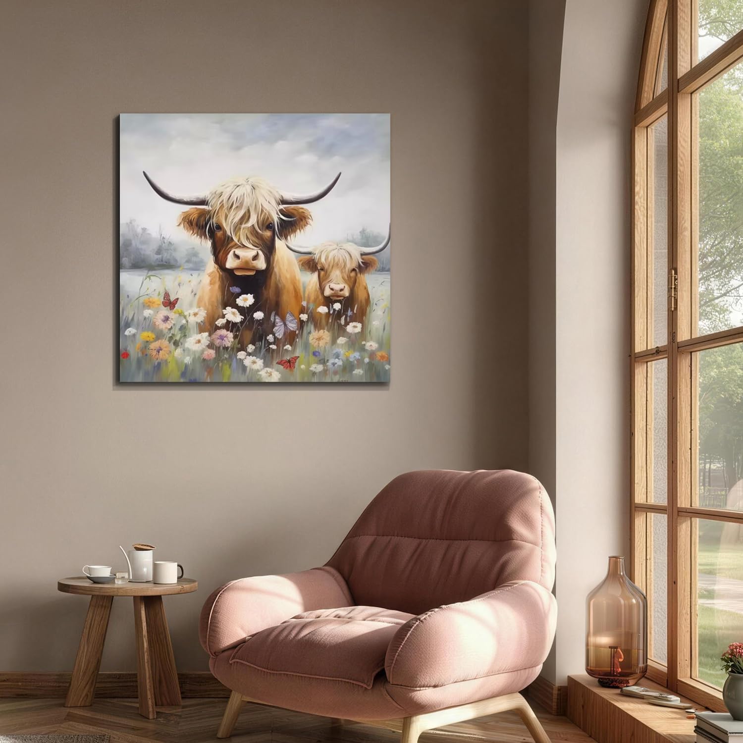 Acocifi Highland Cow Wall Art Rustic Farmhouse Animal Picture Bathroom Canvas Print 20"x20", Daisy Flower Bush Landscape Painting Artwork Framed for Kitchen Bedroom Living Room Office Home Decor