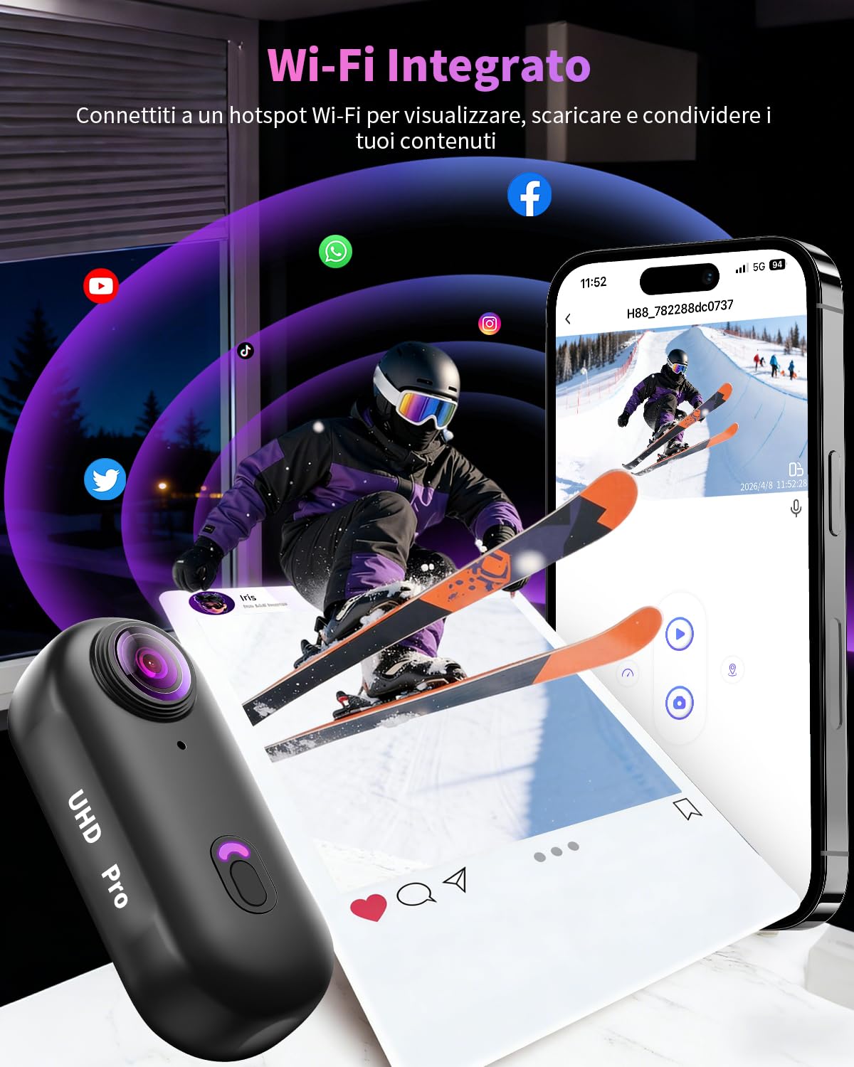 Action Cam 4K, Portatile Body Cam WiFi, 360° Telecamera Moto, POV Mini Action Camera Impermeabile 30M Videocamera da Casco per Bici, Moto, Vlog, Esterno e Animali Domestici