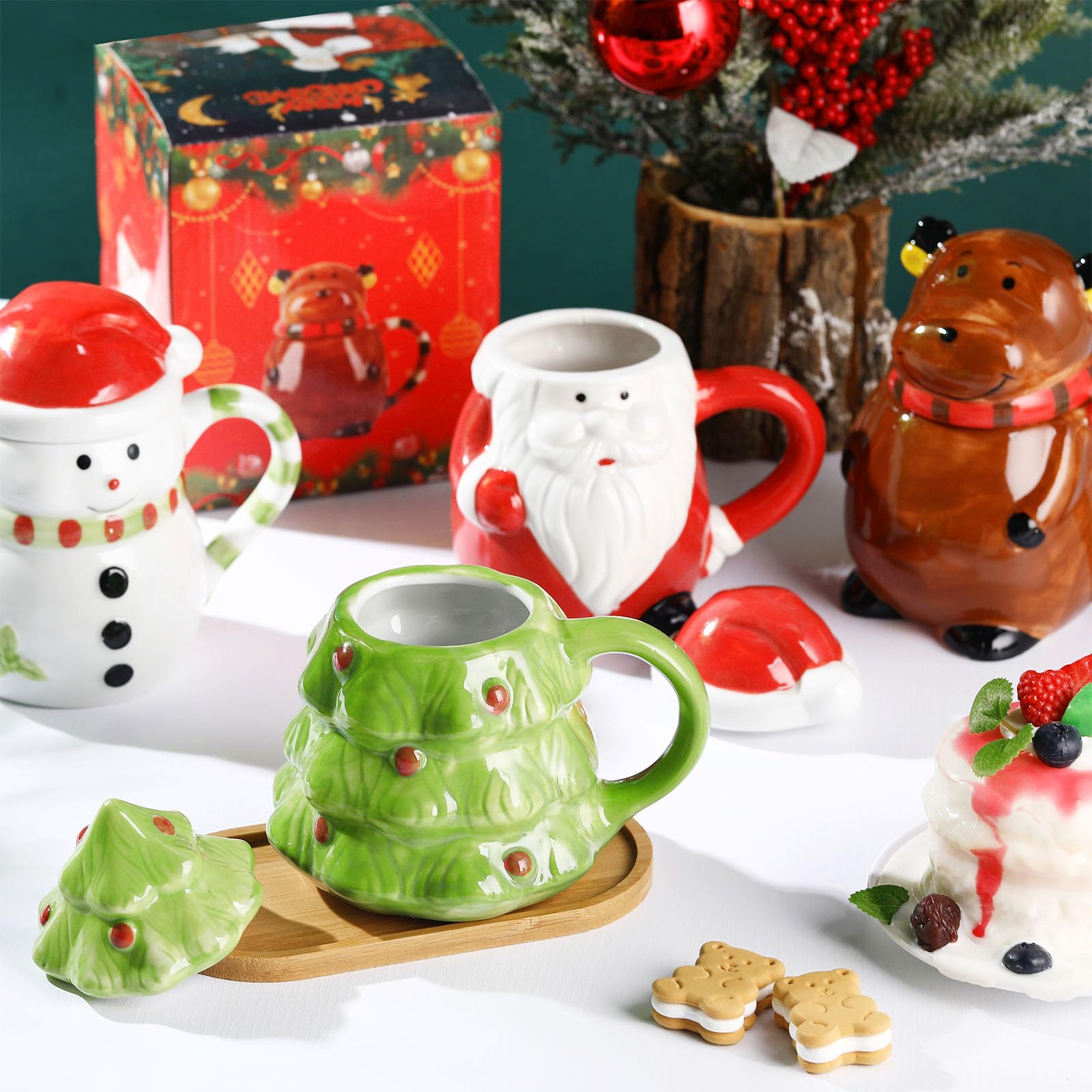 Baderke Niedliche Weihnachtstasse mit Deckel, 4-teiliges Set, 400 ml, Keramik-Kaffeetasse, Weihnachtsmann, Schneemann, Rentier, Weihnachtsbaum, Porzellan, Latte-Teetasse für Urlaub, Weihnachten,