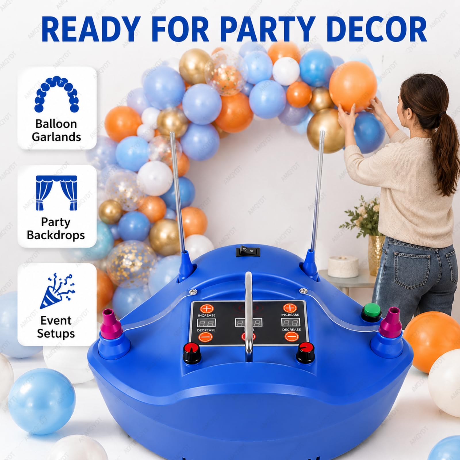 Pompa Elettrica per Palloncini, Gonfiatore per Palloncini, Pompa Ad Aria Elettrica A Doppio Ugello con Timer Digitale, Gonfiaggio A Doppio Ugello per Feste, Matrimoni Ed Eventi Blue