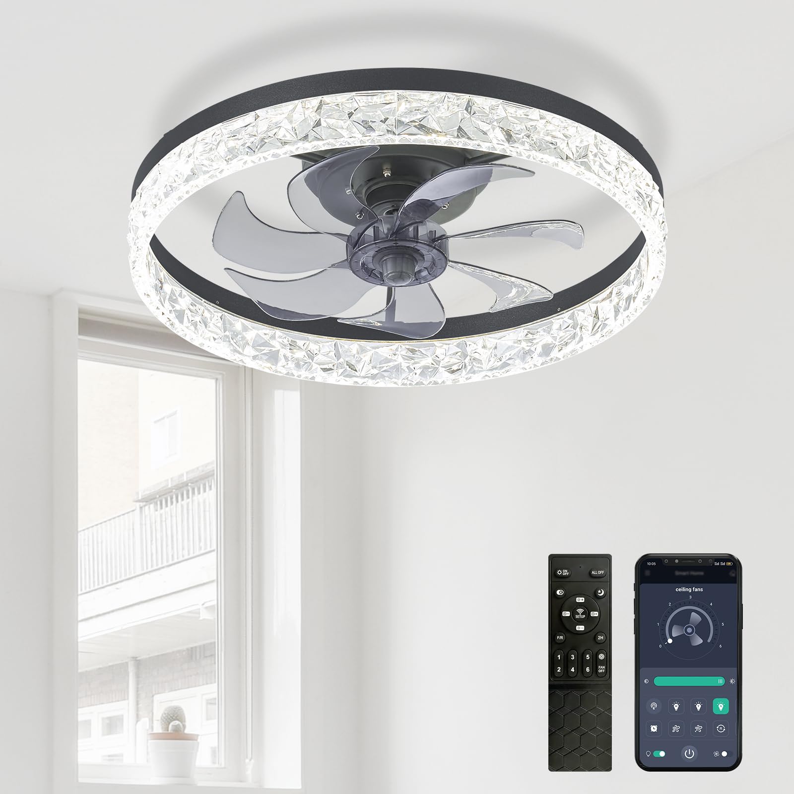 Crystal Ceiling Fans with Lights and Remote, 20 in Fandelier Low Profile Ceiling Fan with Light, 3000-6500K Bladeless LED Fan Light, 6 Speeds Modern Ceiling Fan Flush Mount for Indoor (Black)