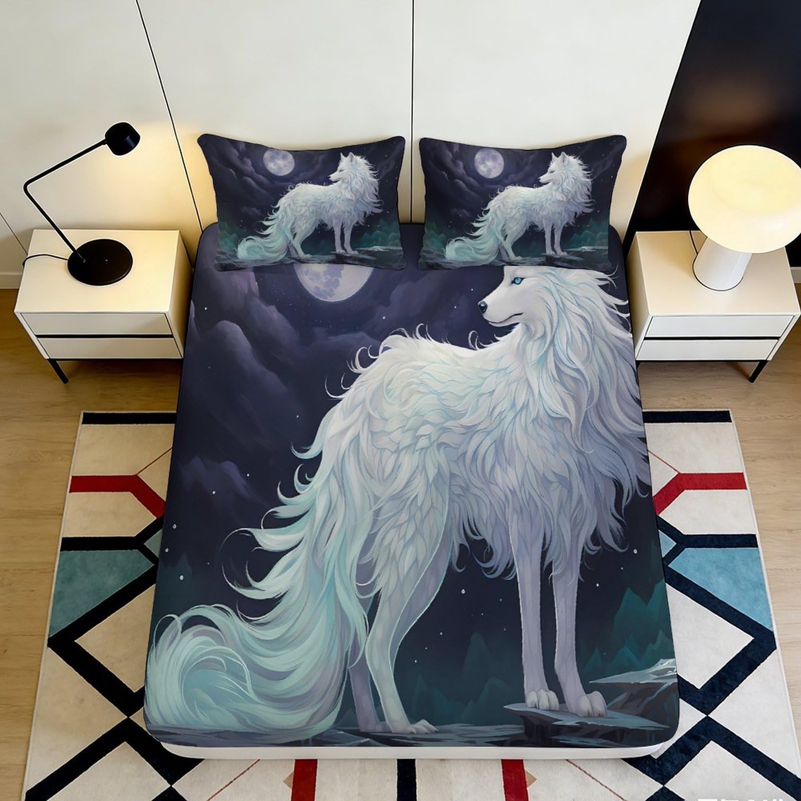 Jqzkxnhpbr Style-2 3D Printed White Wolf Fitted Sheet Microfiber Soft Non-Slip Moonlit Night Bed Cover For Bedroom Dorm Decor 90X200x25cm