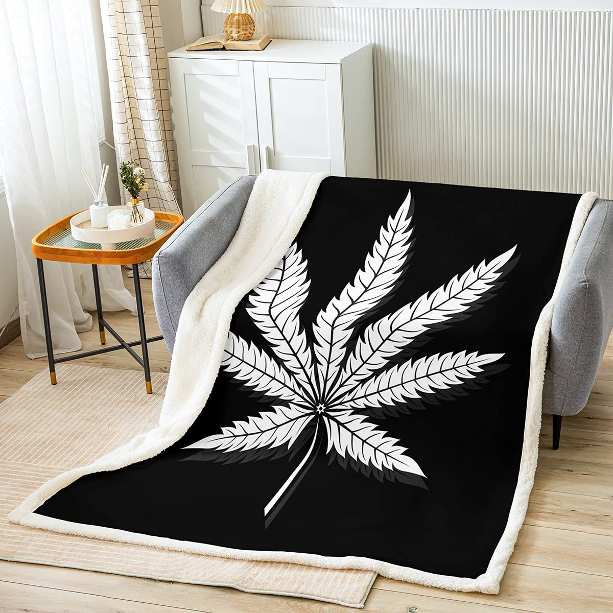 Feelyou Marijuana Leaf Sherpa Blanket - Cannabis Leaf Print Throw Blanket, Fuzzy Fleece, King Size 87