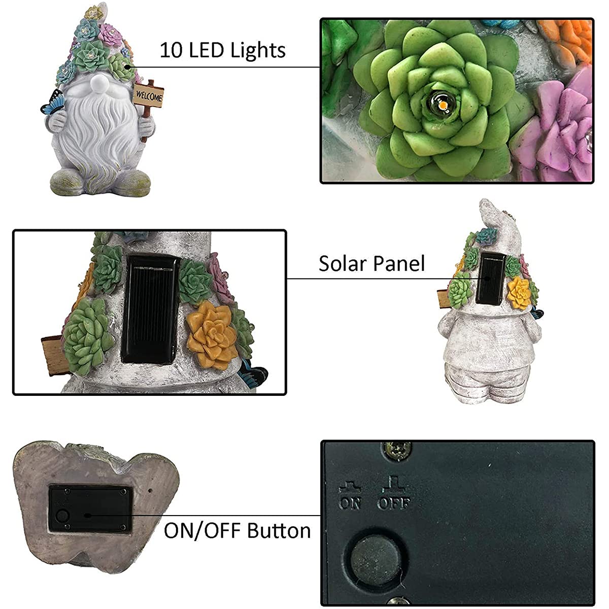 Estatuas De Resina De Gnomos De Jardín, Figura Esculturas De Gnomo De Jardín con 10 Luces LED Solares para Decoración De Césped De Patio Regalo De Adorno, 4.5 X 5.5 X 9