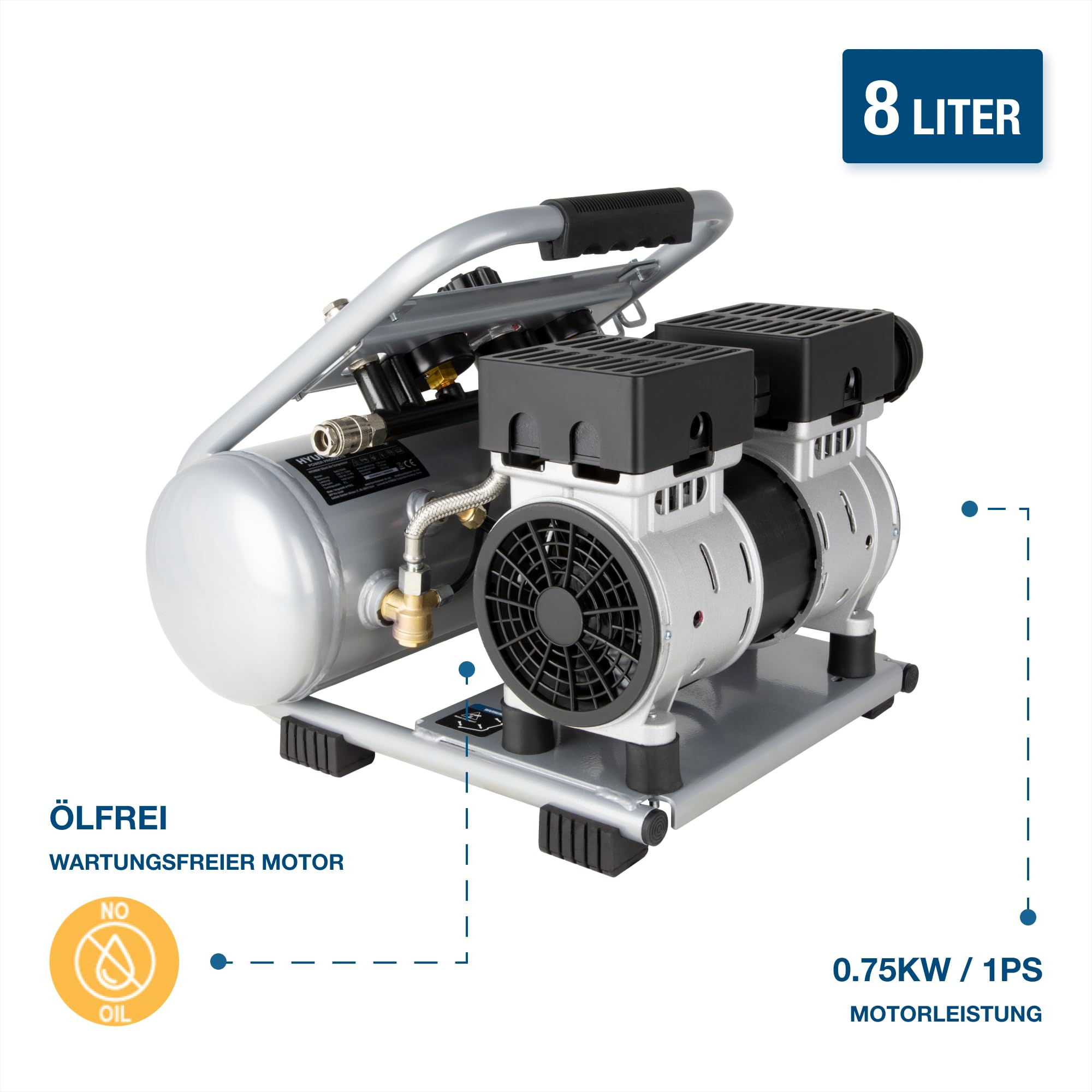 HYUNDAI Silent Kompressor SAC75008 | 8L Kessel | 0.75kW, 9bar | Ansaugleistung 128 L/Min | Luftkompressor leise, ölfrei | 2 Anschlüsse | Flüsterkompressor, Compressor flüsterleise