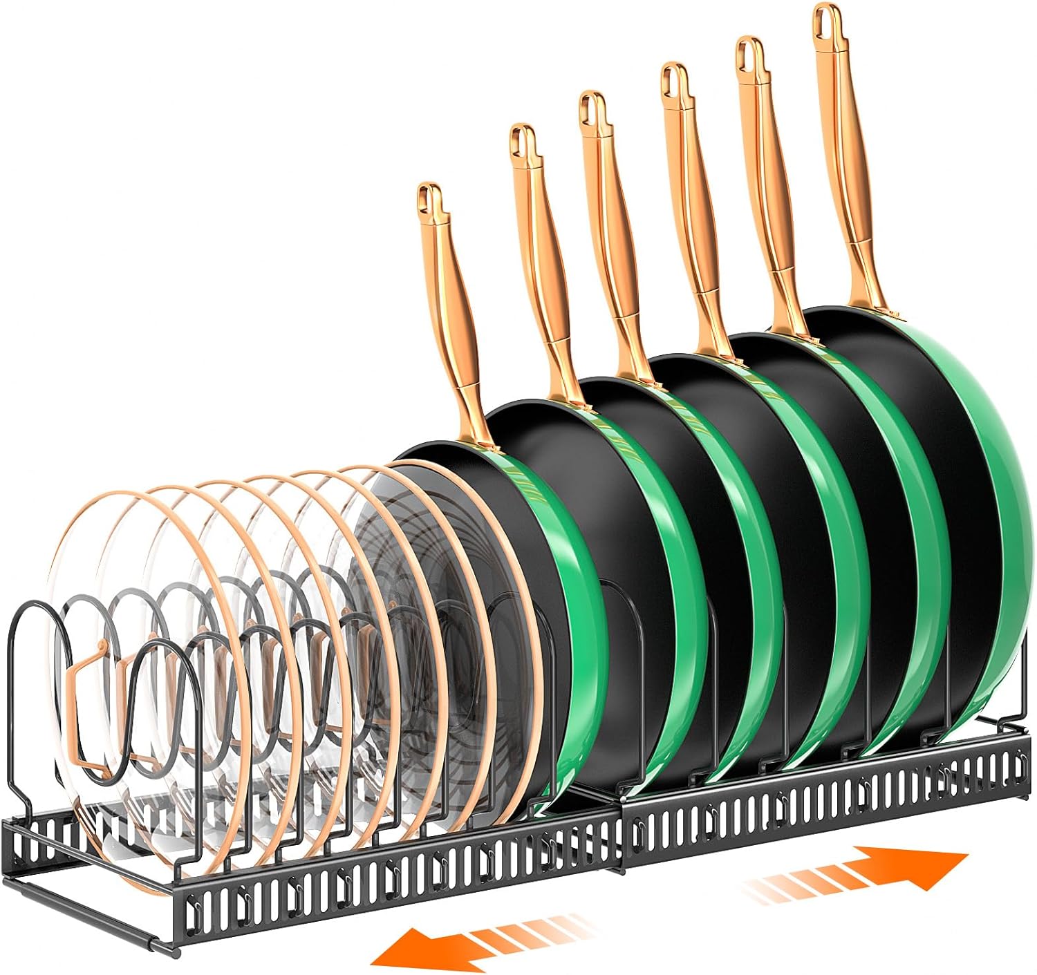 MUDEELA Expandable Pots and Pans Organizer Rack under Cabinet, Pots Lid Organizer Rack for Kitchen Cabinet Organizers and Storage with 12 Adjustable Dividers Cutting Board Holder & Anti-Scratch Strips