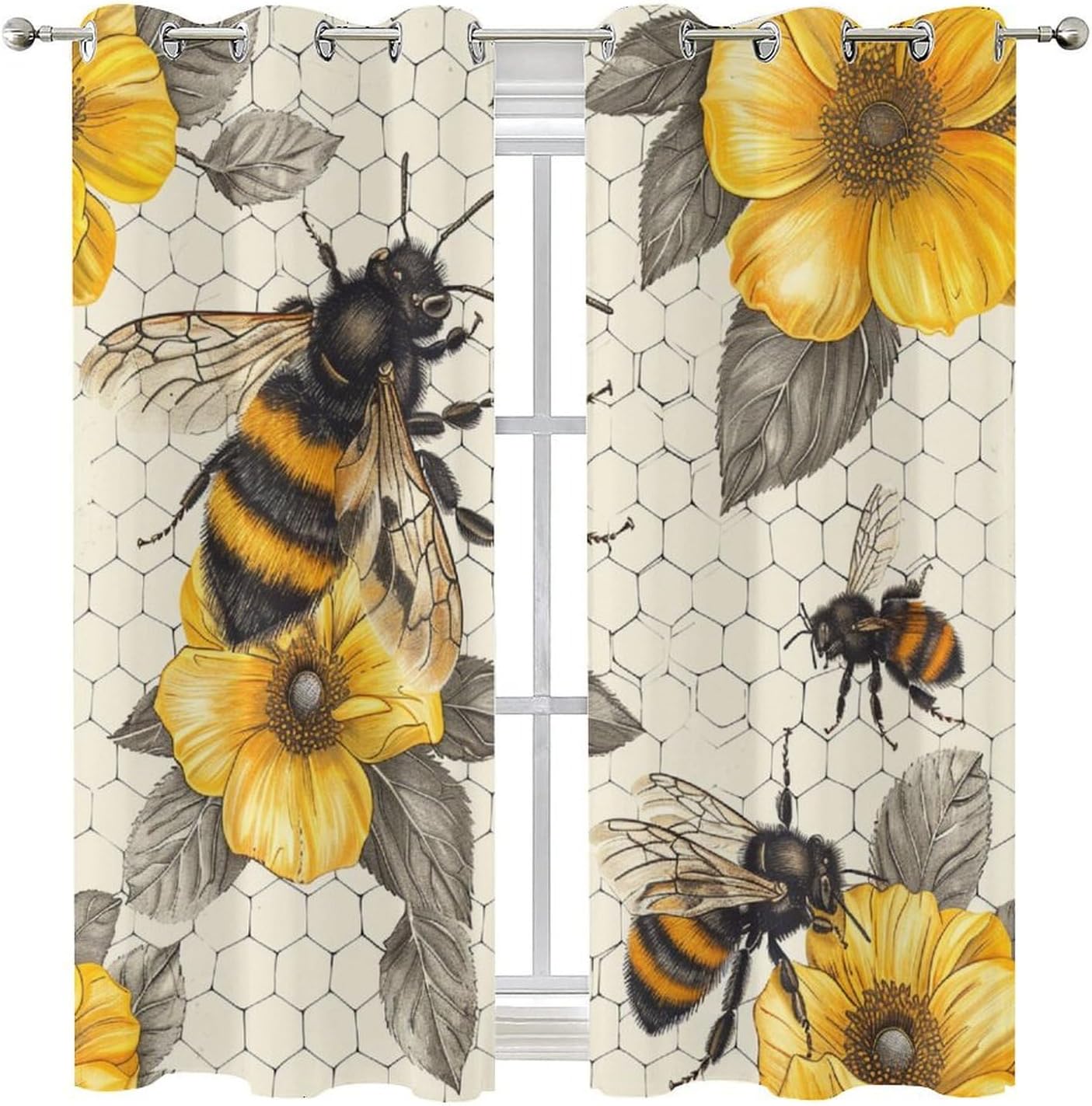 Bee Honeycomb Grommet Blackout Curtains for Bedroom, Retro Rustic Floral Leaf Plants Thermal Insulated Curtains Room Darkening Window Drapes, 21W x 63L, 2 Panels