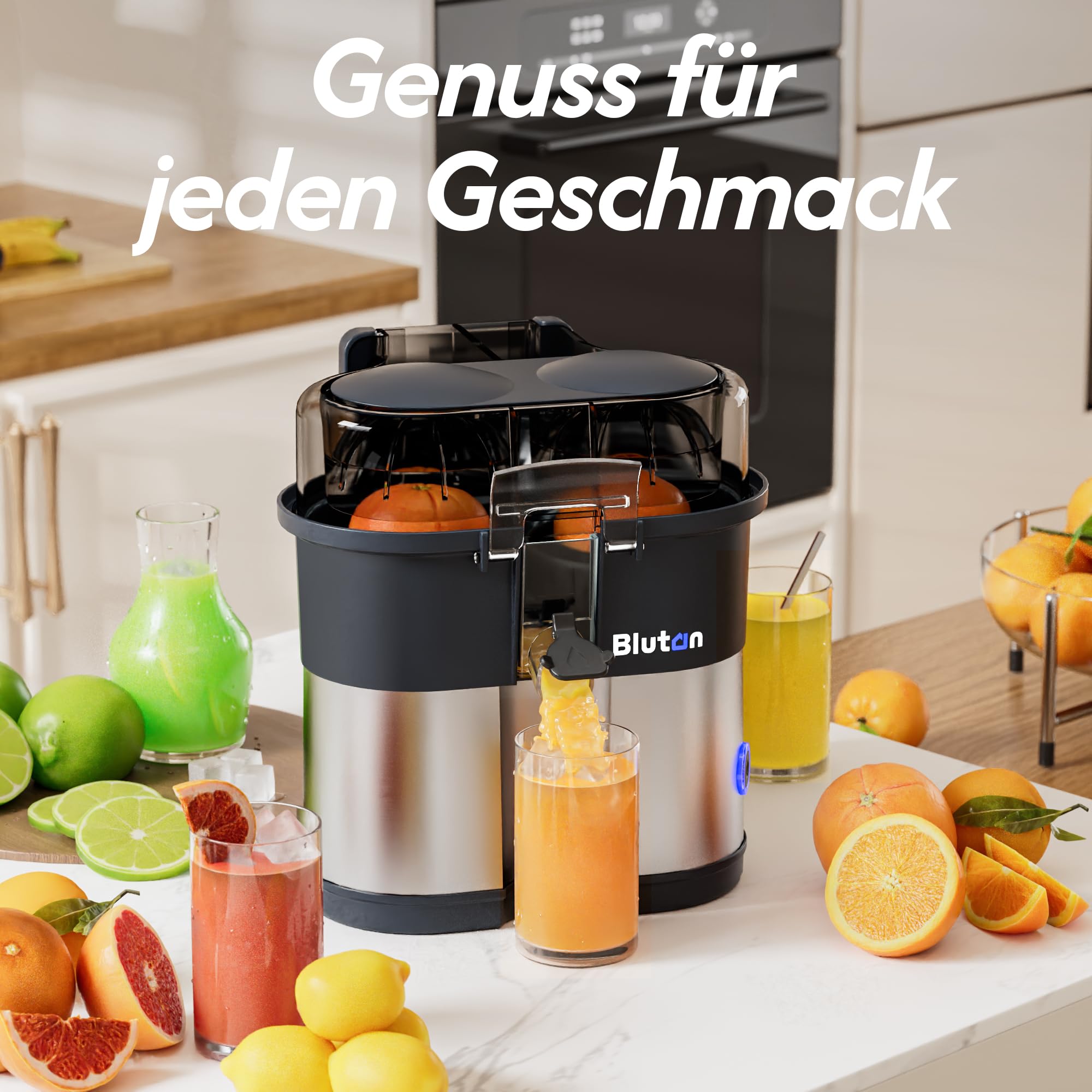 B Juicy O2 Elektrische Zitruspresse & Orangenpresse – Doppelkegel-Entsafter mit Schneider, vollautomatisch, 100W，13500 U/min, BPA-frei, 380ml, leicht zu reinigen, für Orangen, Zitronen & mehr