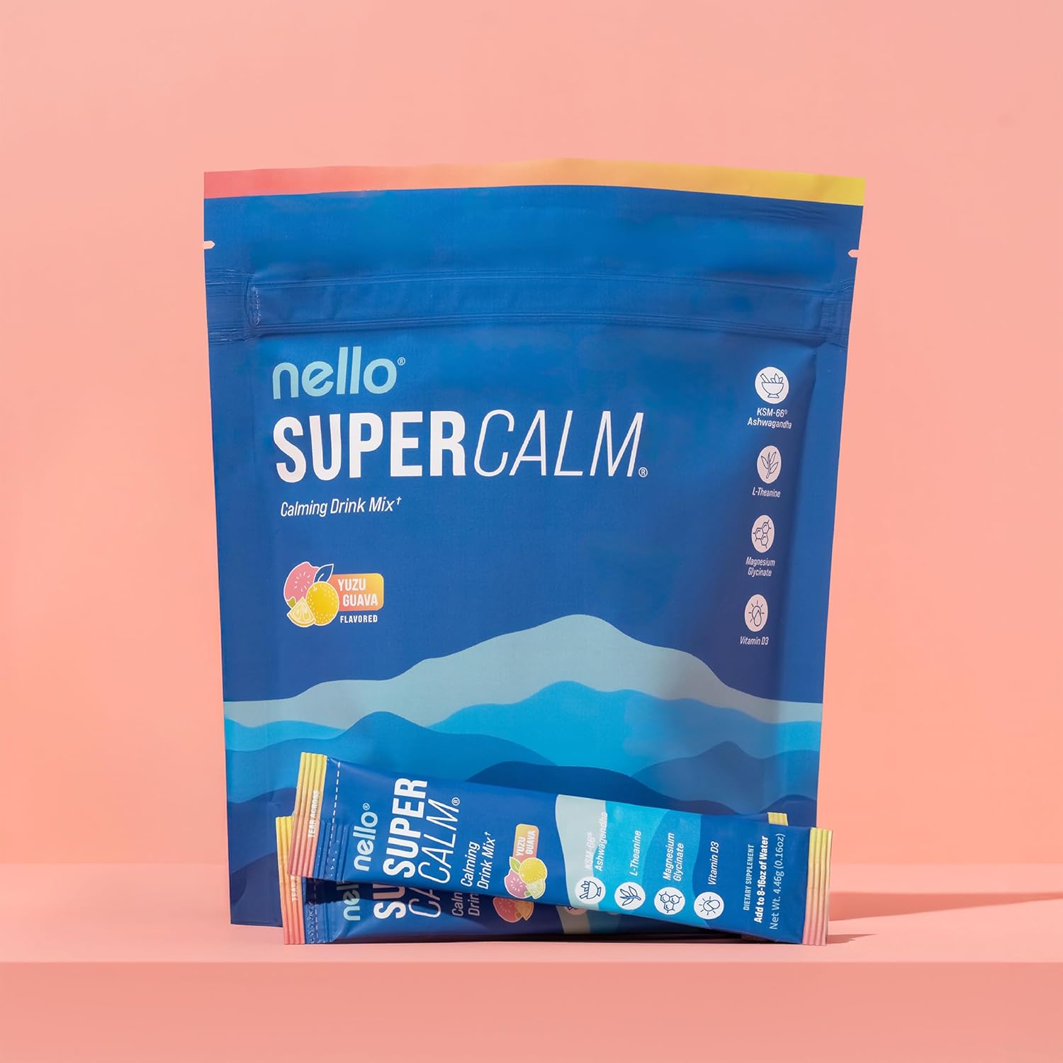 Nello Supercalm Powdered Drink Mix, Cortisol Reducer* and Sleep Aid Supplement, L Theanine, Ksm-66 Ashwagandha, Magnesium Glycinate, Vitamin D 3, No Sugar, Non GMO, On The Go, 20 Ct, Yuzu Guava - Image 5
