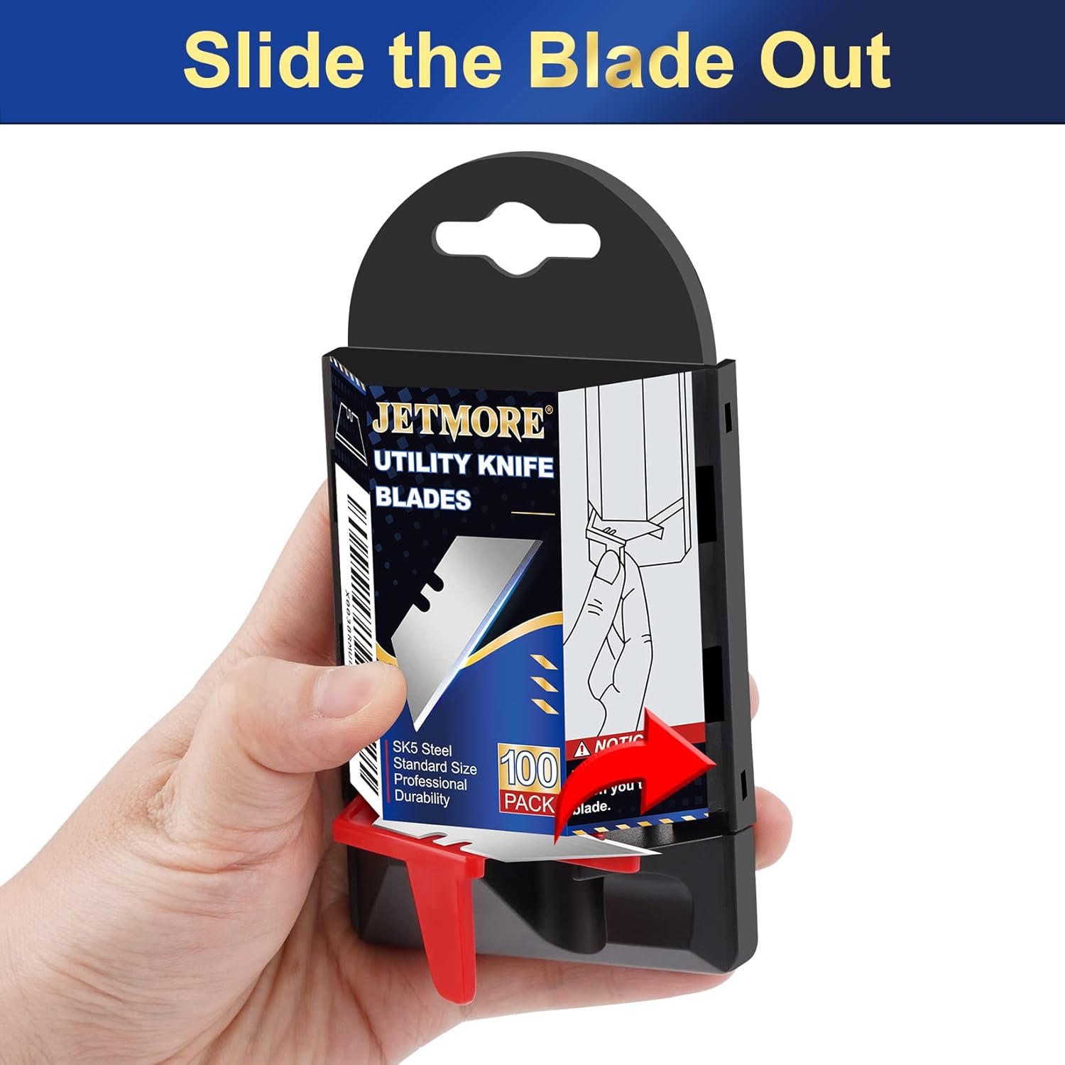 JETMORE 100 Pack Utility Knife Blades, Box Cutter Blades with Dispenser, SK5 High Carbon Steel Heavy Duty Utility Knife Replacement Blades, Standard Size Sharp Blade for Most Box Cutter